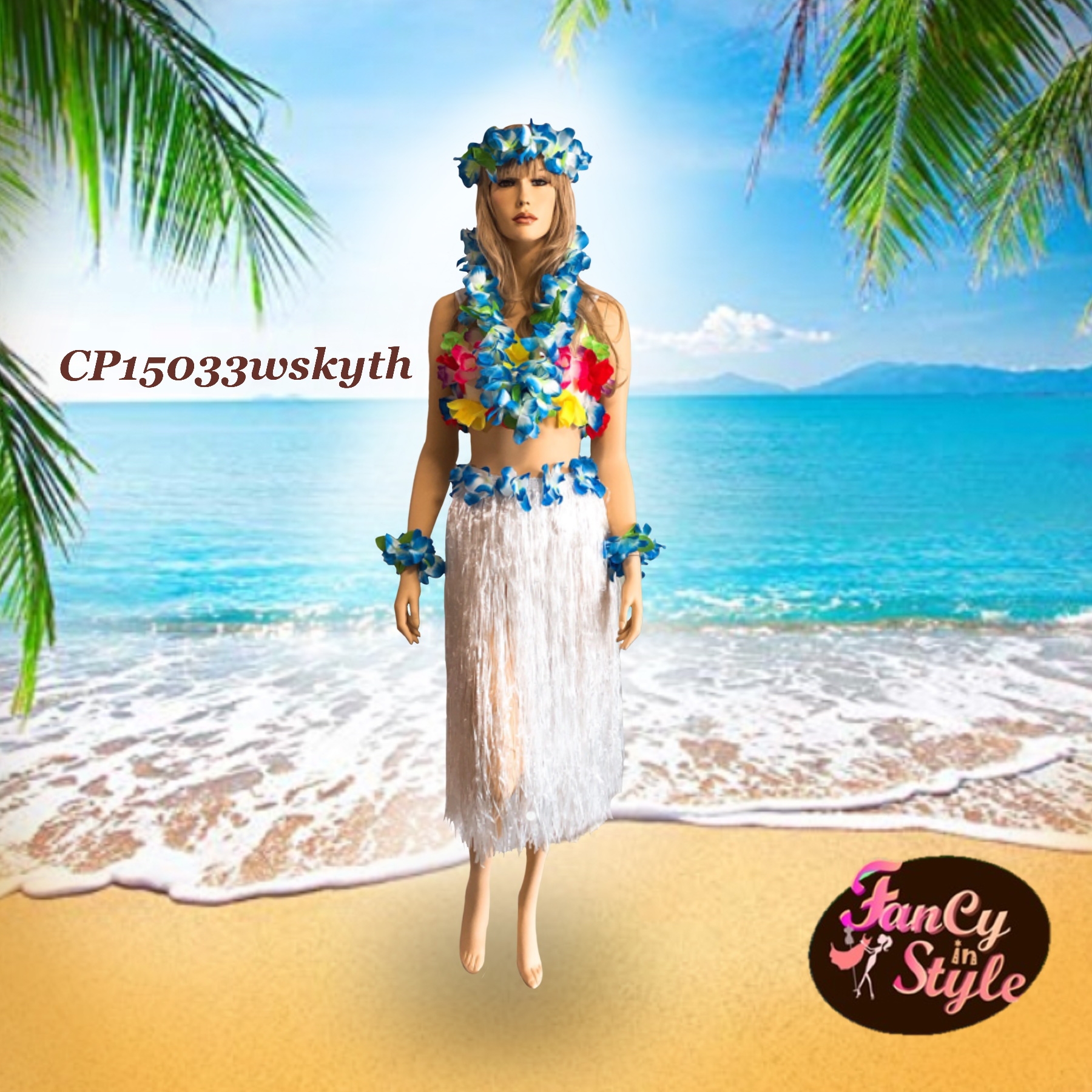 International Costume/Hawaii Costume/กระโปรงฮาวายแบบหนาสีขาวขอบเอวสีฟ้า ยาว 30 นิ้วรวมsetมาลัยดอกไม้สีฟ้า