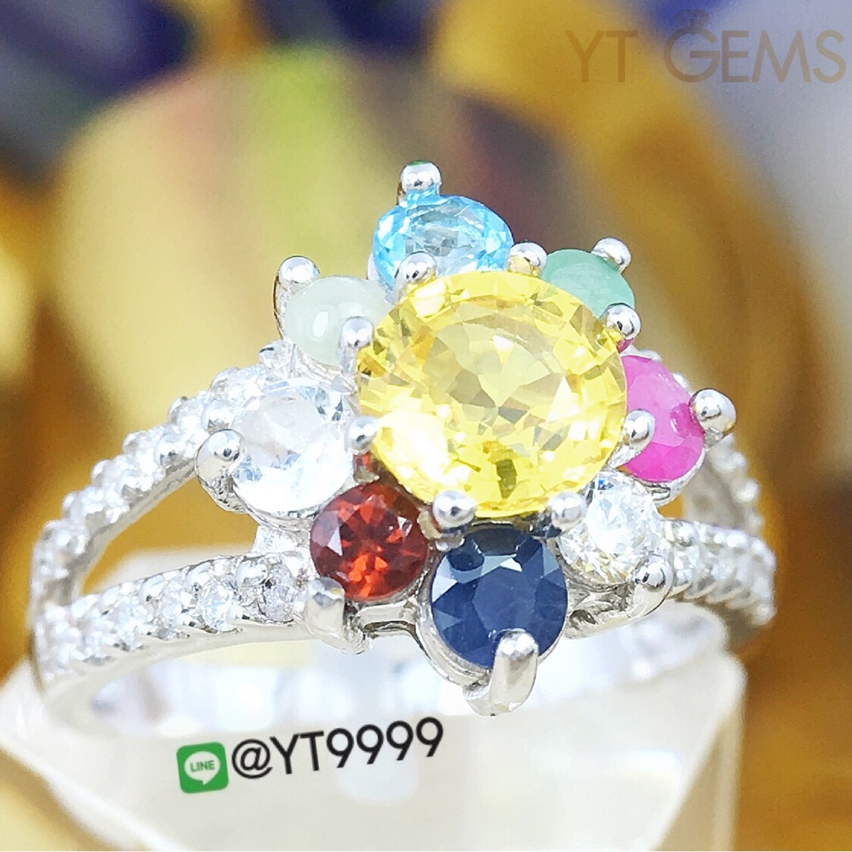 แหวนนพเก้า แหวนเงินแท้92.5% ชุบทองคำขาว พลอยนพเก้า (พลอยแท้) นพเก้าครบตามตำรา YTG-3322 YTGEMS