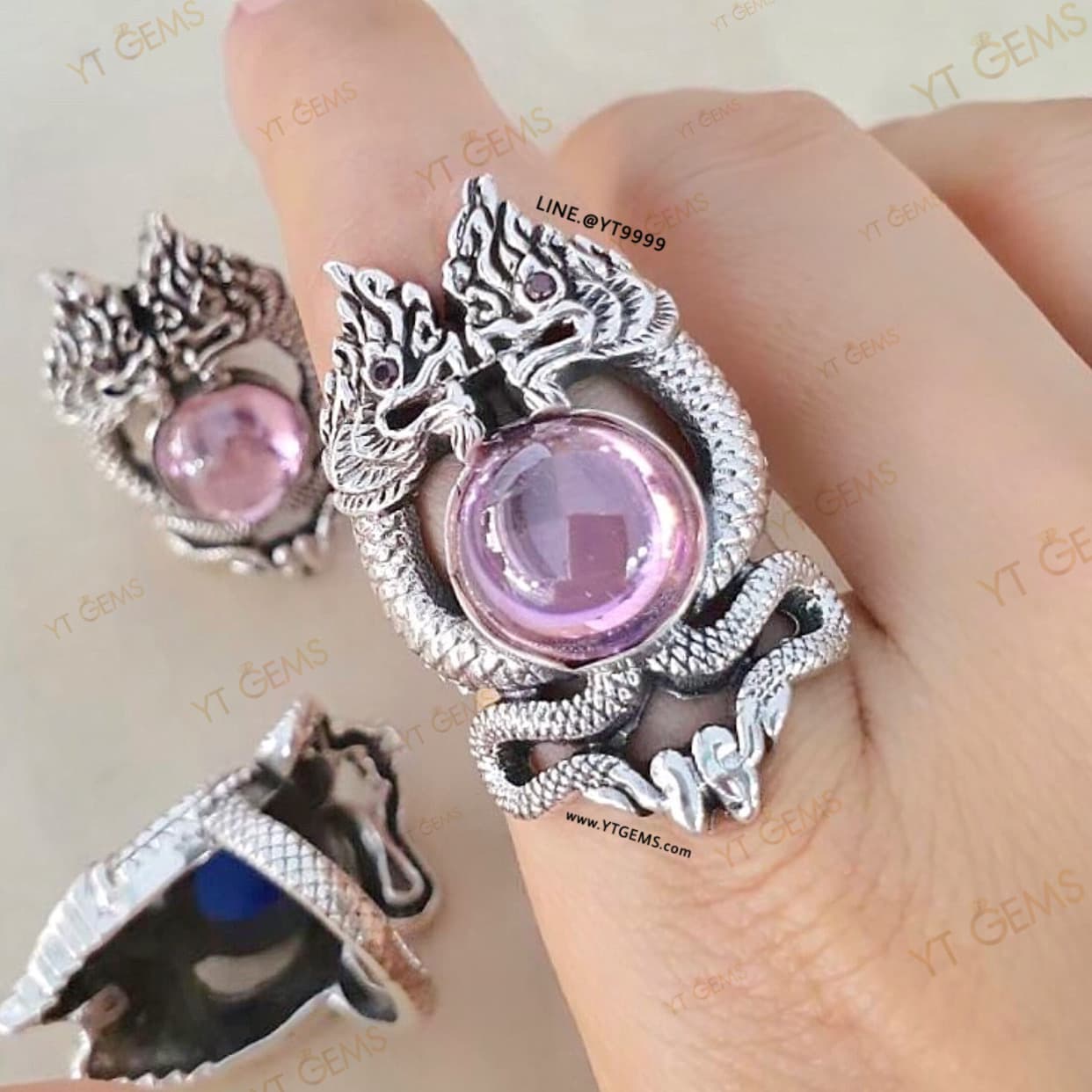 แหวนพญานาคคู่ โอบมณีสีชมพู ทับทิม แหวนเงินแท้ รมดำ พลอย(CZ) YTG-11468 YTGEMS