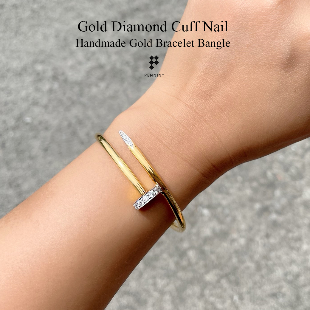 กำไลตะปูประดับเพชรน้ำ 100 เกรด Premium งานช่างทองขึ้นมือ ทองคำแท้ ใส่สวย มีออร่า