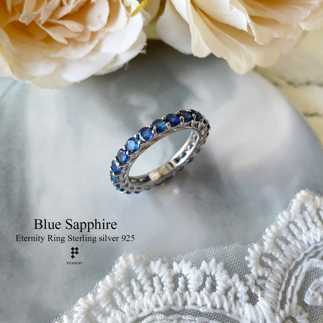EYANA: Eternity Ring: แหวนไพลินแท้ (Blue Sapphire) ฝังพลอยรอบวง เงินแท้ชุบทองคำขาว นำโชคลาภสู่เจ้าของไม่มีที่สิ้นสุด