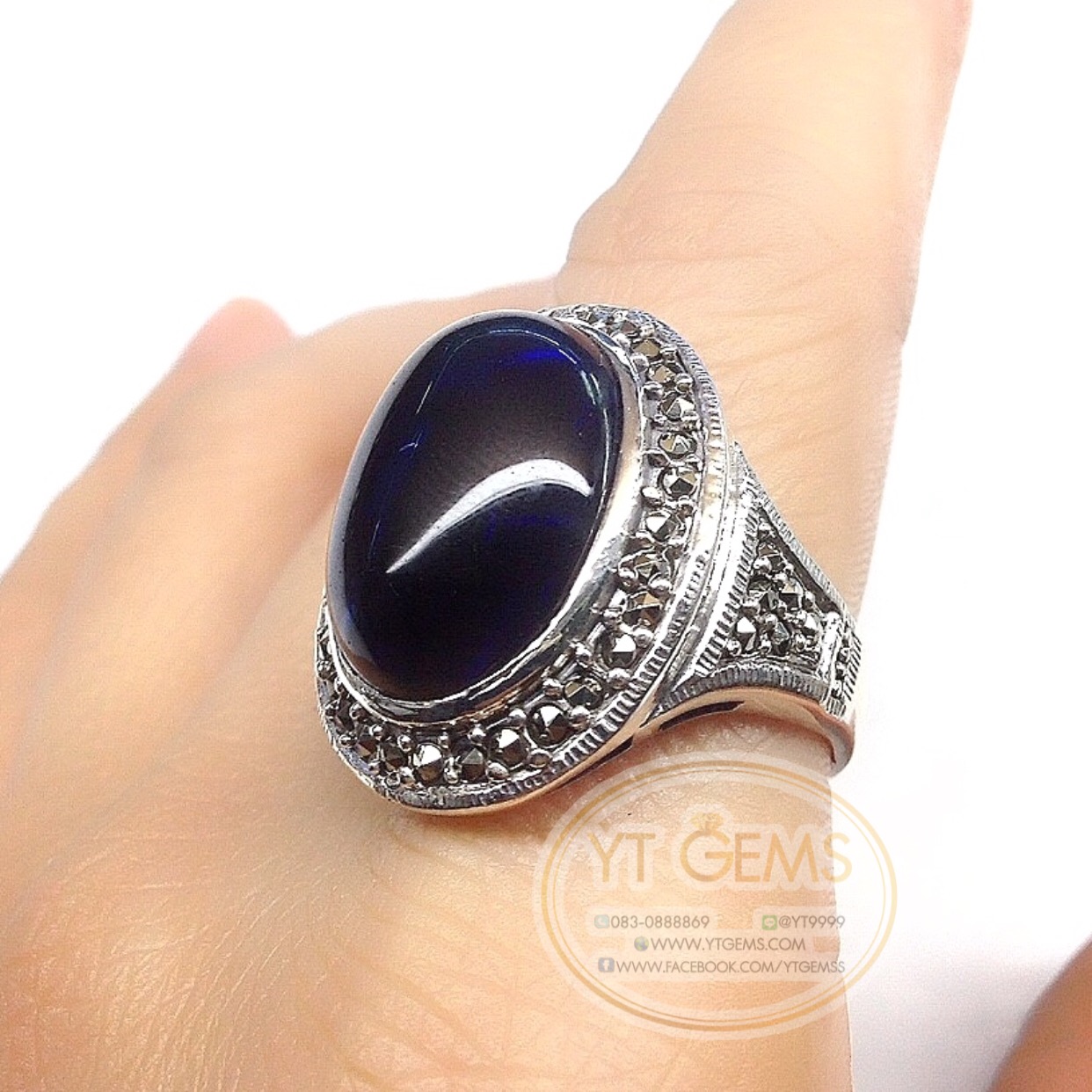 แหวนเงินแท้92.5% รมดำ พลอยไพลิน(cz) ตกแต่งแมกกาไซต์ YTG-5615 YTGEMS