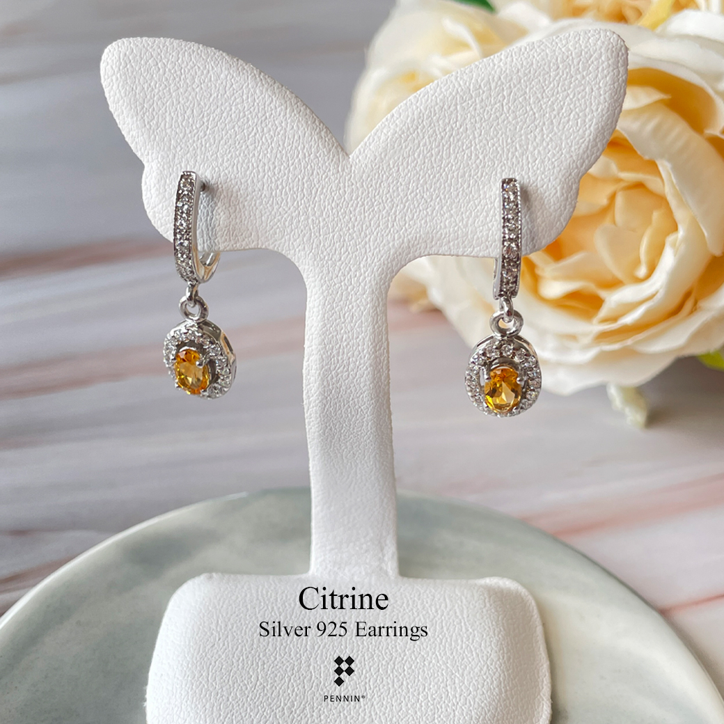 ต่างหูคลิปหางกระรอก เพชรแถวสวิส CZ ห้อยพลอยซิทริน Citrine 6x4mm ล้อมเพชรสวิส CZ เงินแท้ชุบทองคำขาว แบบสวยหรู