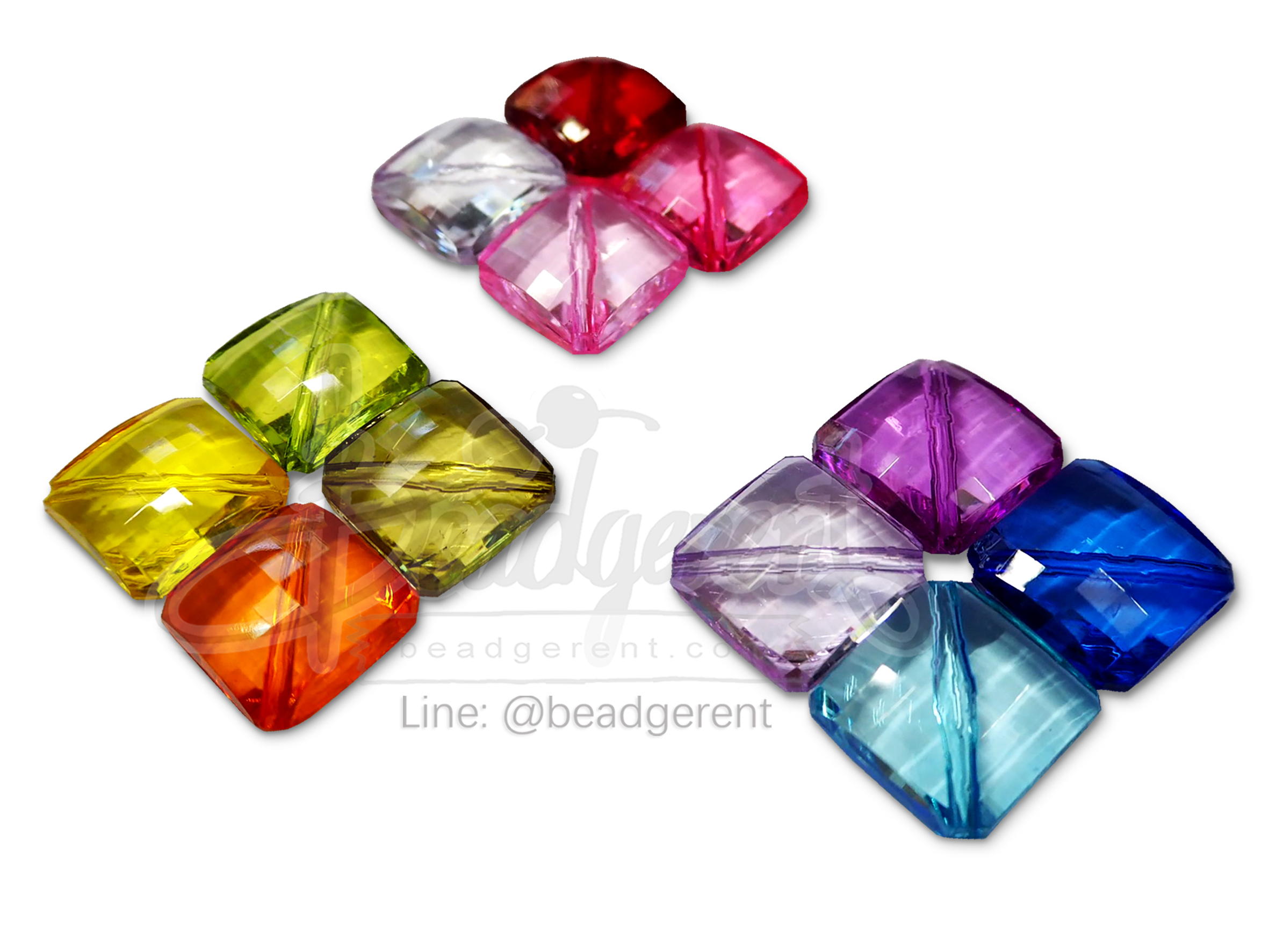 ลูกปัดอะคริลิค 19มม. สี่เหลี่ยมแทยงมุม คละสีใส (100 กรัม) SKU-04651