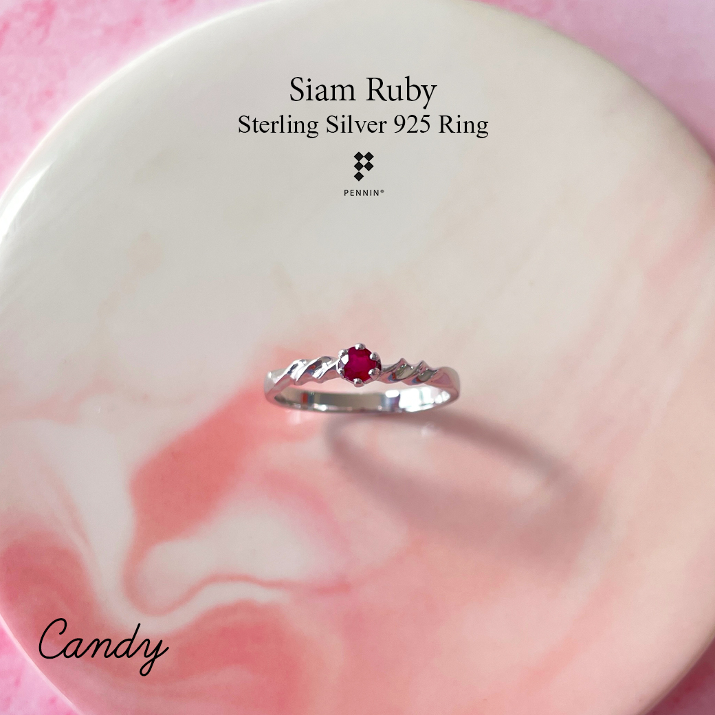 CANDY: แหวนทับทิมสยาม เม็ดเดี่ยว ลายเกลียวแบบน่ารัก มินิมอล เงินแท้ชุบทองคำขาว