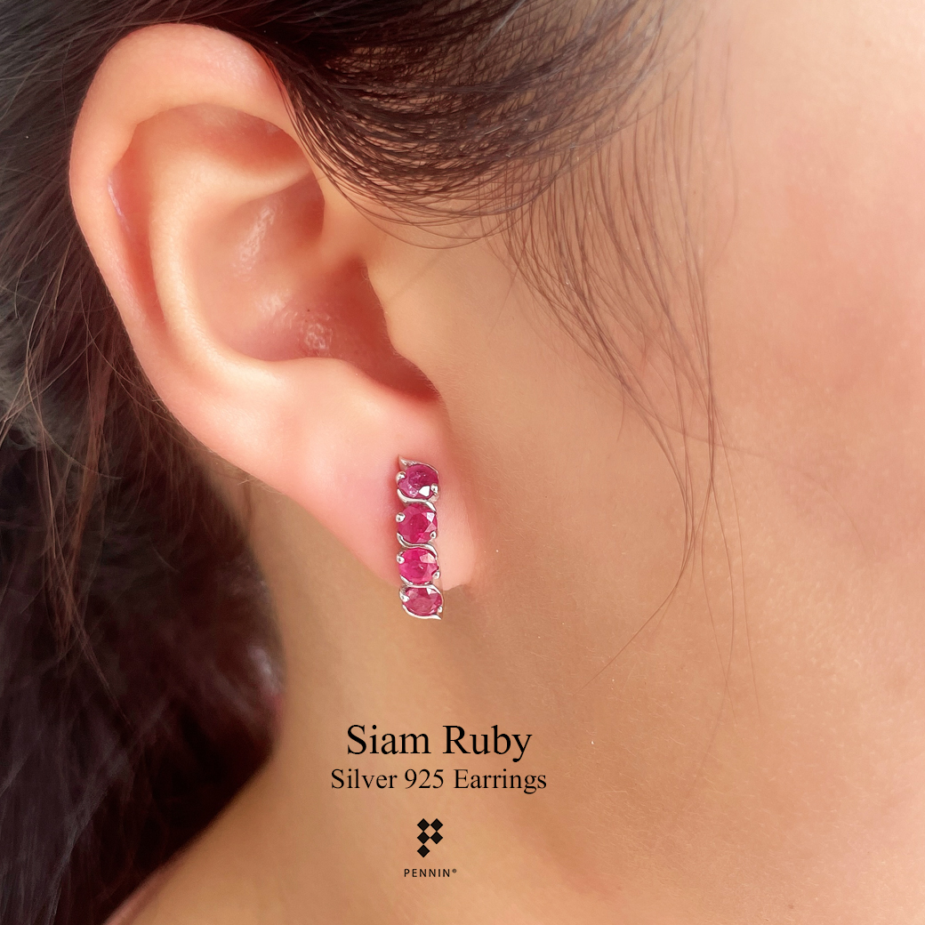 ต่างหูคลิปหางกระรอก ทับทิมจันท์ เผาเก่า เรียงแถวตอน 4 เม็ด ฝังหนามเตย เงินแท้ชุบทองคำขาว แบบสวยเก๋