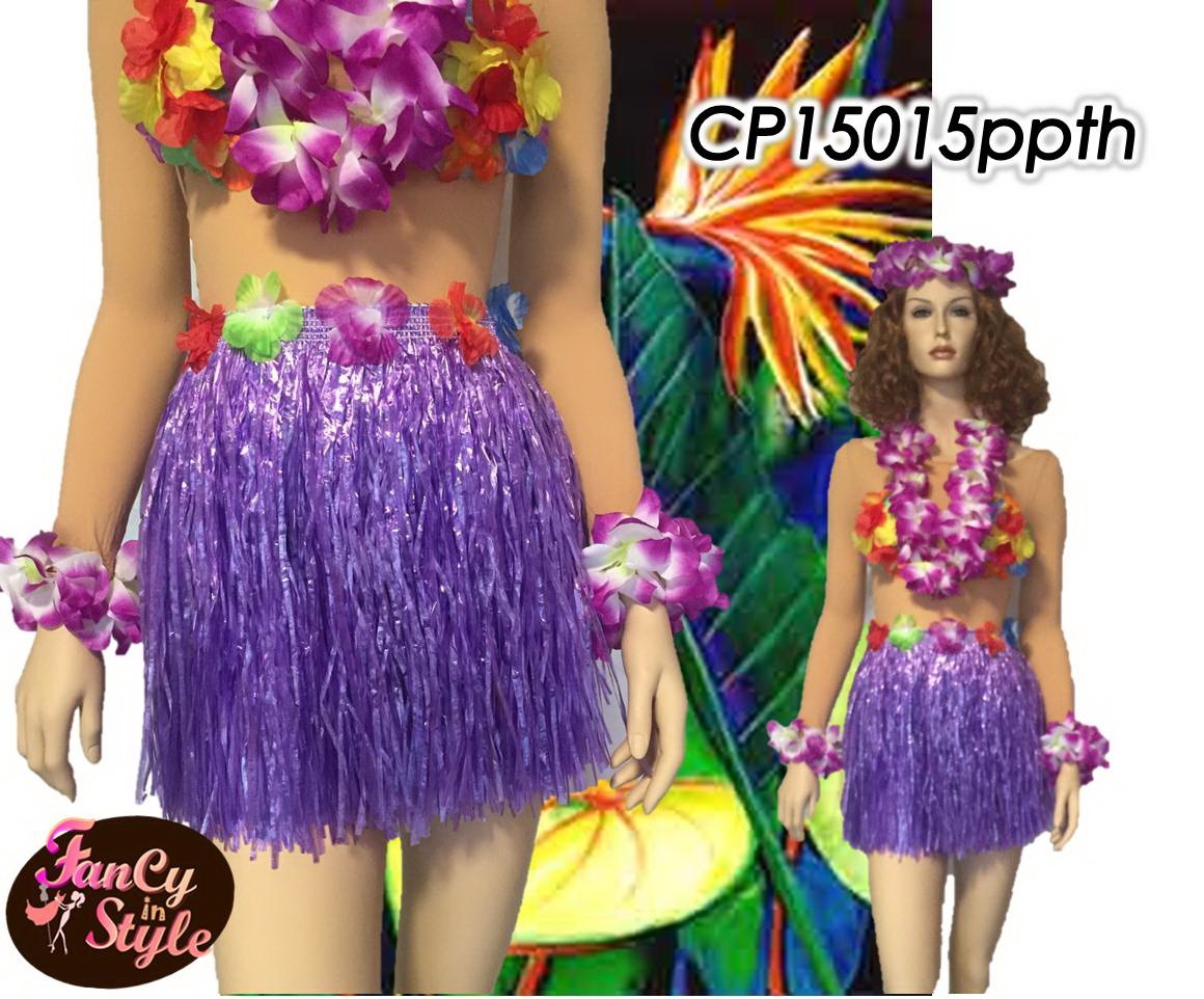 กระโปรงฮาวายแบบสั้นอย่างหนา ยาว 14 นิ้ว สีม่วงรวม set มาลัยดอกไม้ 4 ชิ้น/Short Skirt Hawaii Costume with flower set