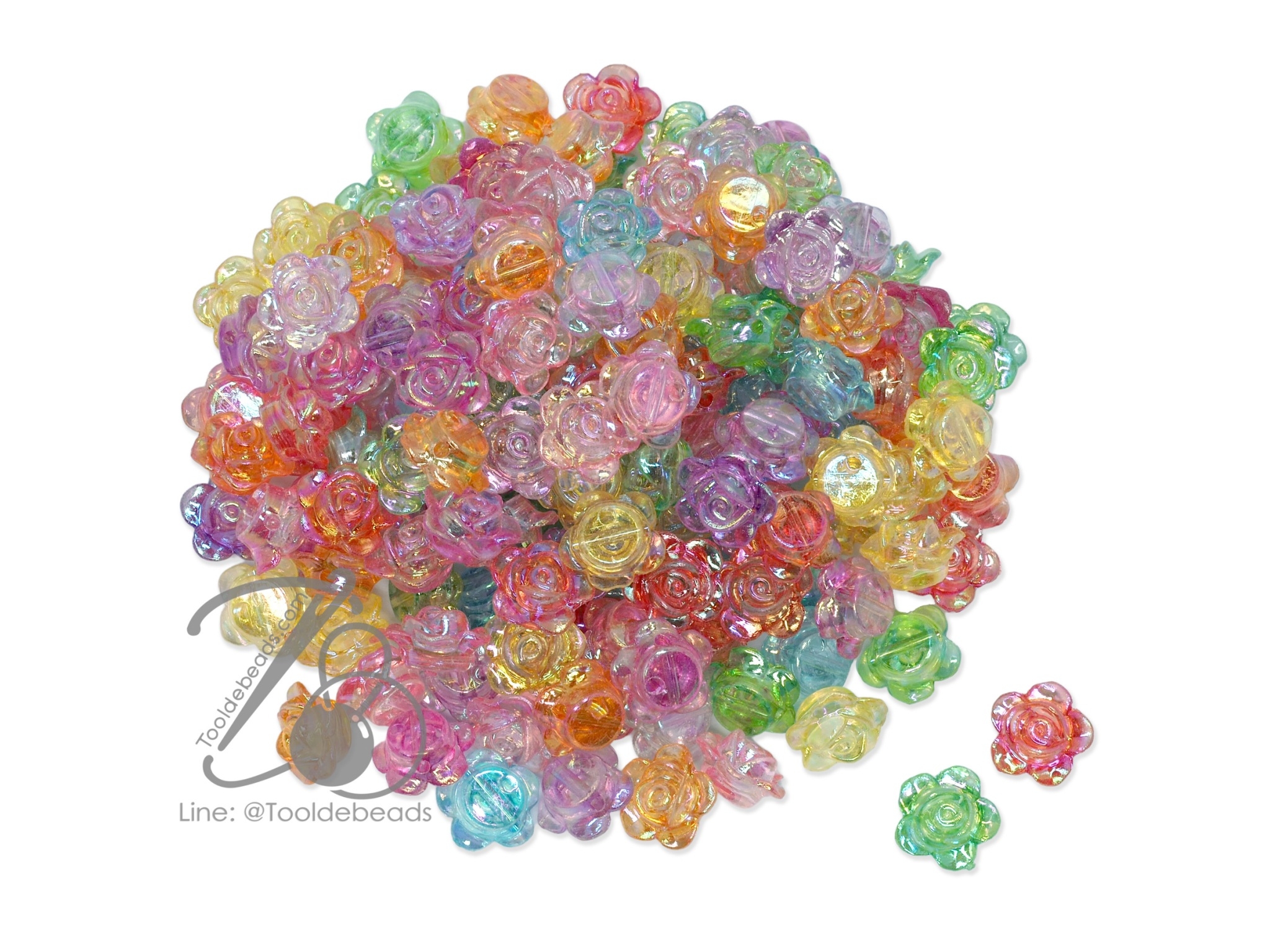 ลูกปัดพลาสติก เคลือบรุ้ง 13มม. ลายกุหลาบร้อยข้าง คละสีใสรุ้ง (500 กรัม) SKU-12713