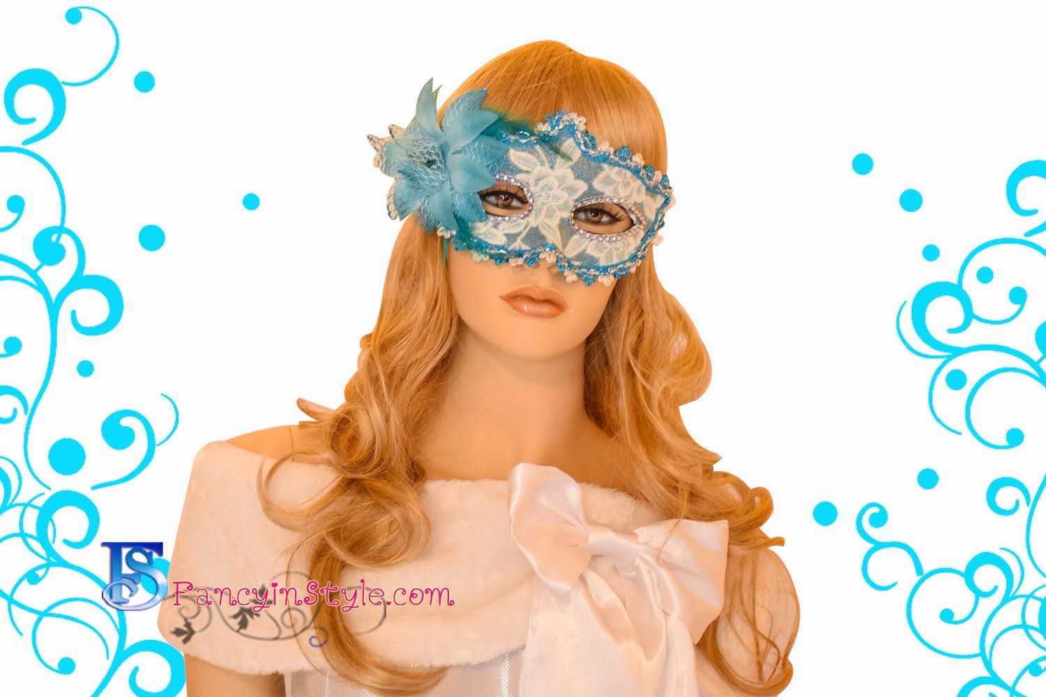 Fancy Mask หน้ากากแฟนซีแต่งดอกไม้และขนนกสีฟ้า