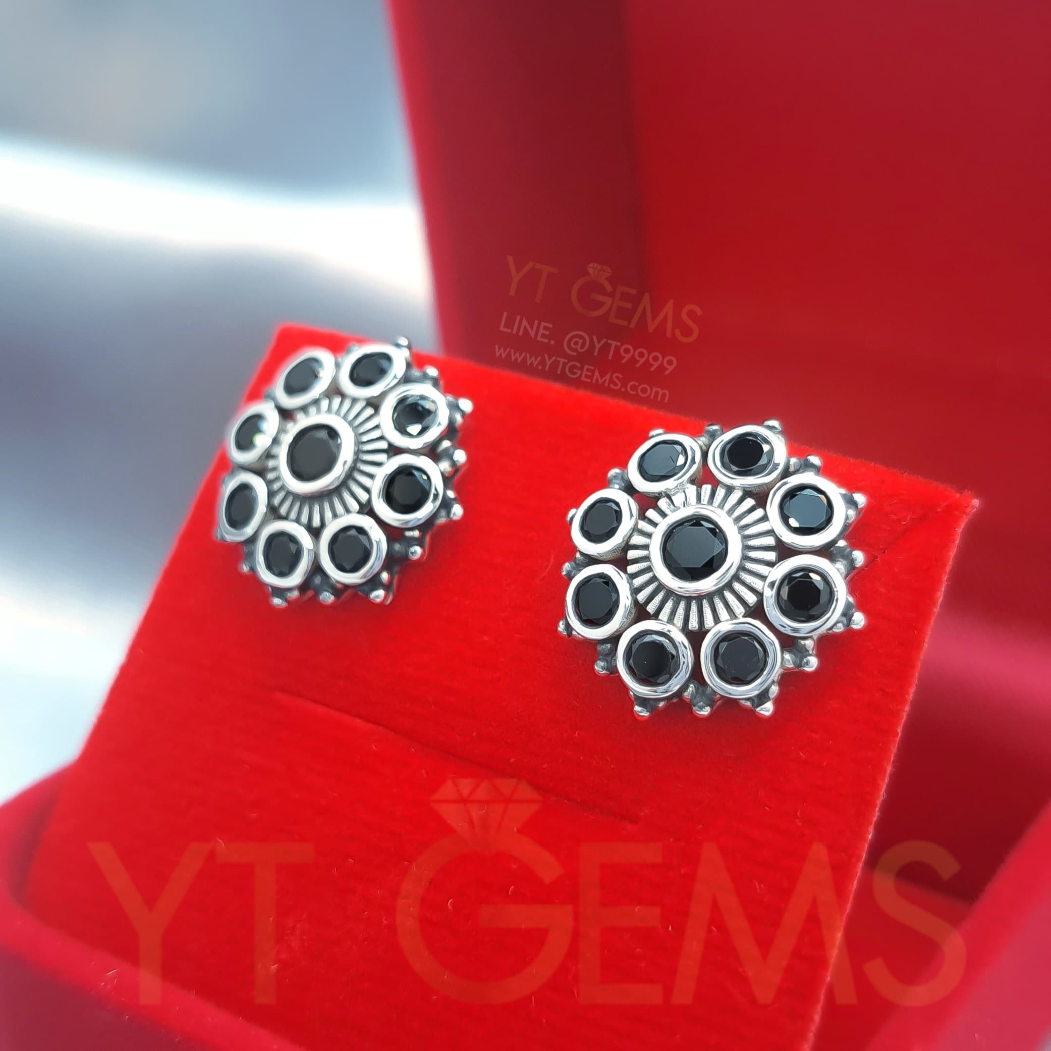 ต่างหู นิล เงินแท้ รมดำ พลอย cz ต่างหู ดอกไม้ ดอกพิกุล โบราณ YTG-10166 YTGEMS whole