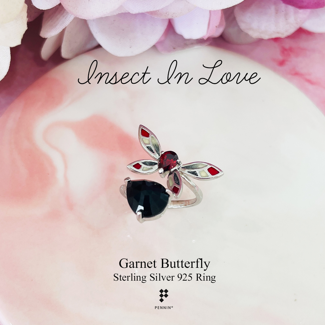 Insect In Love แหวนผีเสื้อปีกสีแดง พลอยโกเมน ลงยาสี Enamel เงินแท้ชุบทองคำขาว