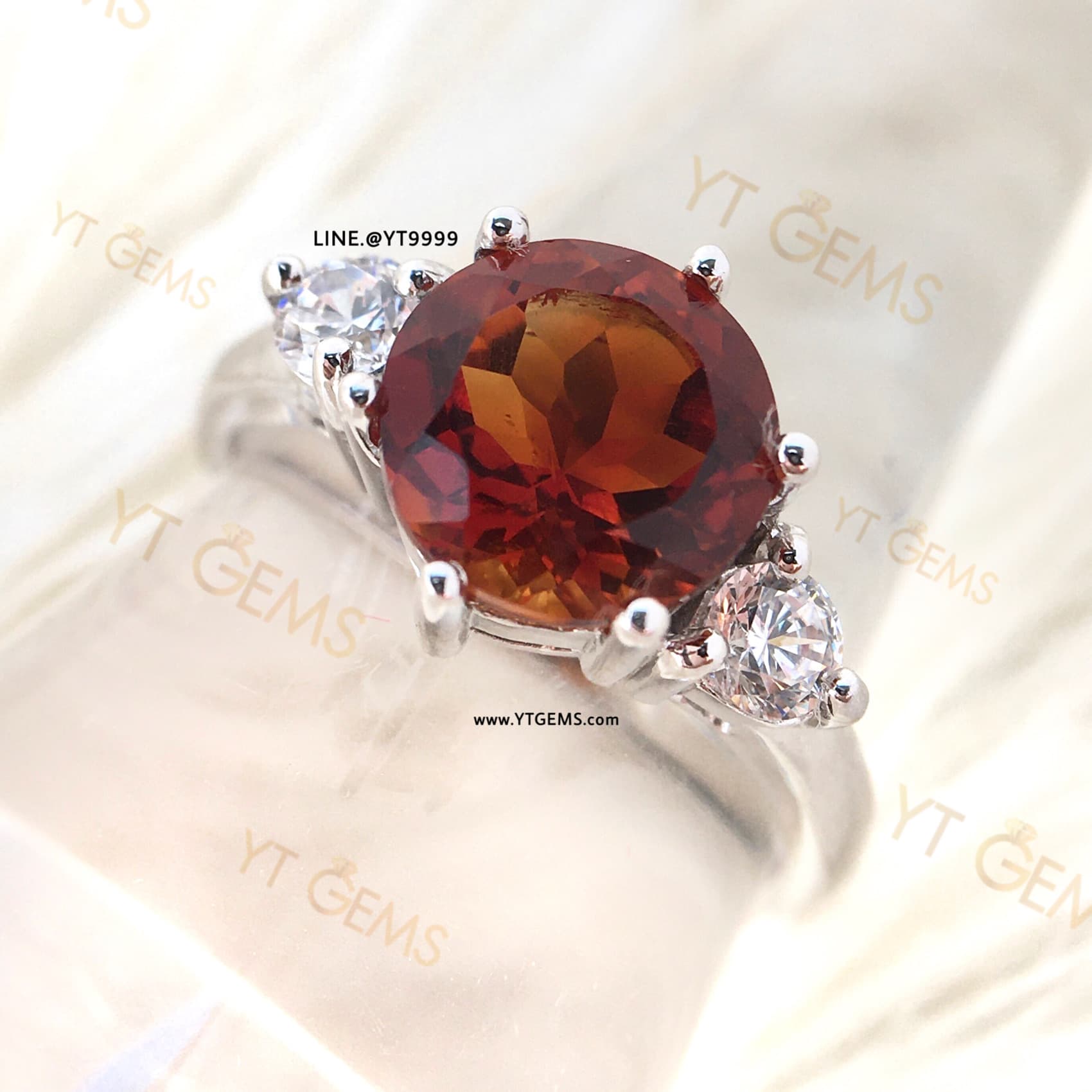 แหวนซิทรินสีส้ม ข้างเพชร แหวนเงินแท้ ชุบทองคำขาว พลอยซิทรินแท้ YTG-11569 YTGEMS