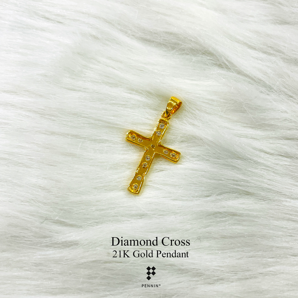 จี้กางเขนทองคำแท้ ประดับเพชรแท้ น้ำ 97 0.47ct งานขึ้นมือทอง 90 พลอยแท้จันทบุรี