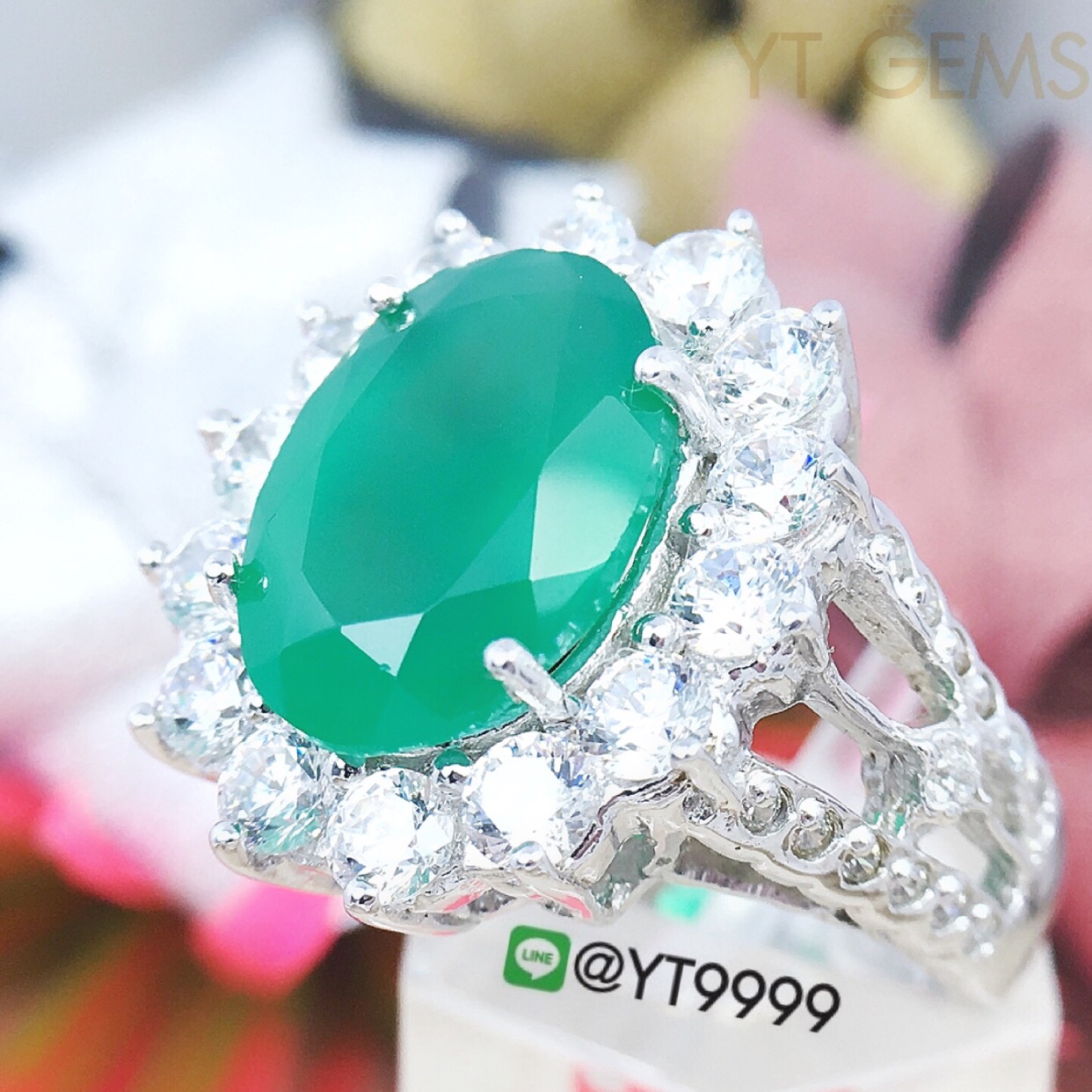 แหวนกรีนอาเกต แหวนเงินแท้ ชุบทองคำขาว พลอยกรีนอาเกตแท้ YTG-8422 YTGEMS