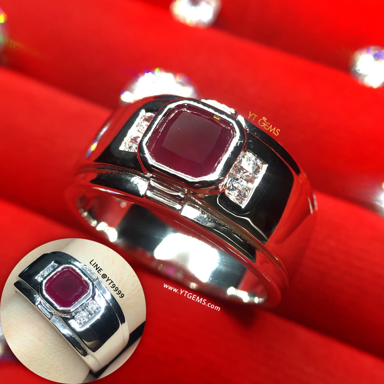 แหวนทับทิม สีเลือดนก ข้างเพชร แหวนเงินแท้ ชุบทองคำขาว พลอยทับทิมแท้ YTG-11275 YTGEMS