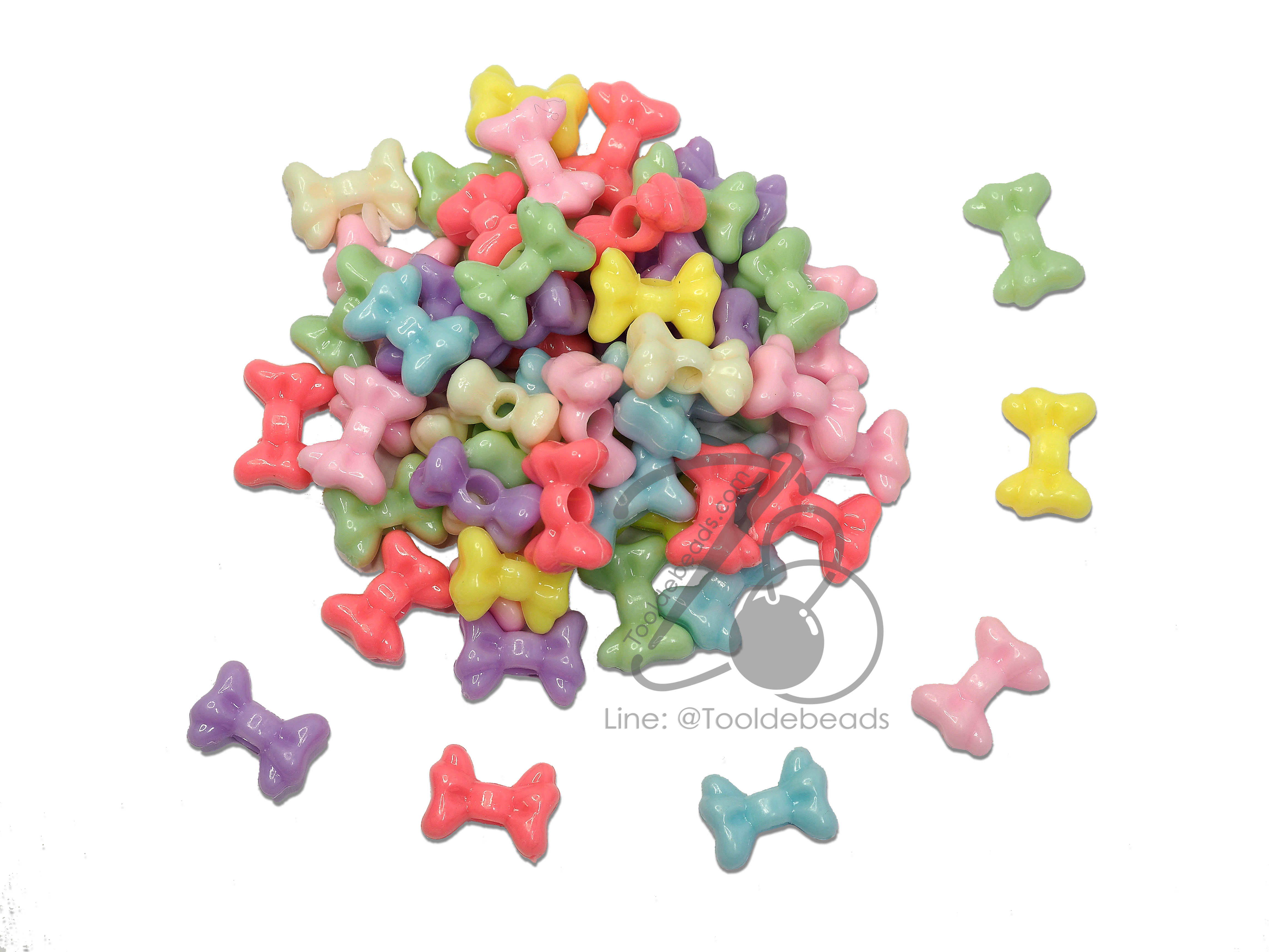 ลูกปัดอะคริลิค 10*15มม. ลายโบว์ สีหวาน (100 กรัม) SKU-07552