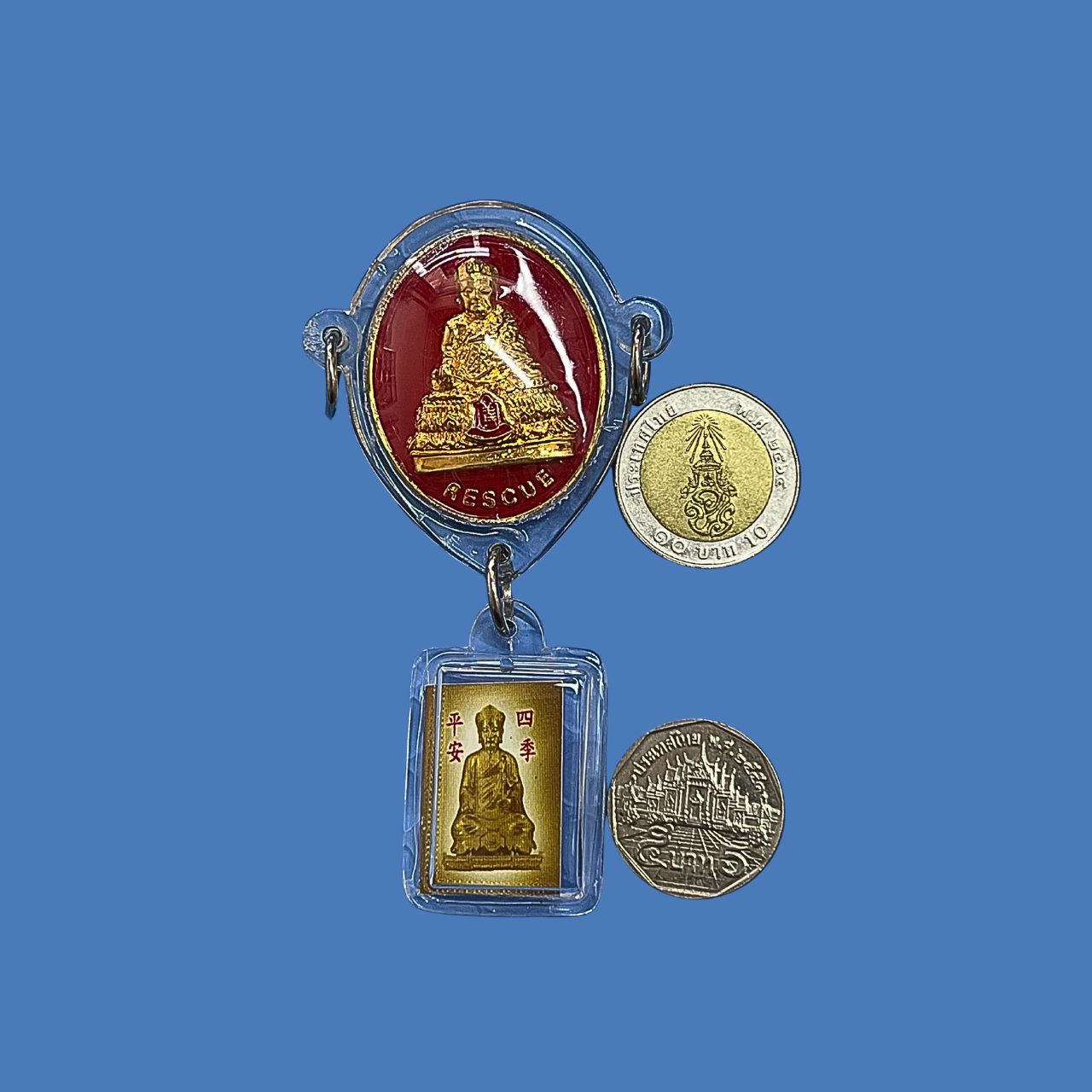 เหรียญไต้ฮงกงโจวซือและรูปภาพเหมือนพร้อมเลี่ยมพลาสติกกันน้ำค่ะ