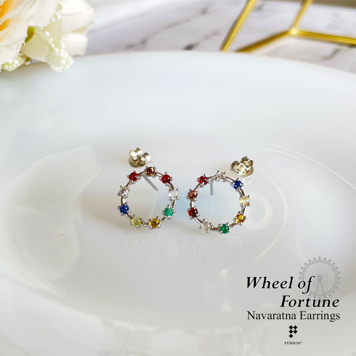 [SALE20%]ต่างหูนพเก้า Wheel of Fortune พลอยนพเก้าตามตำราไทยแท้ เงินแท้ 925 ชุบทองคำขาว