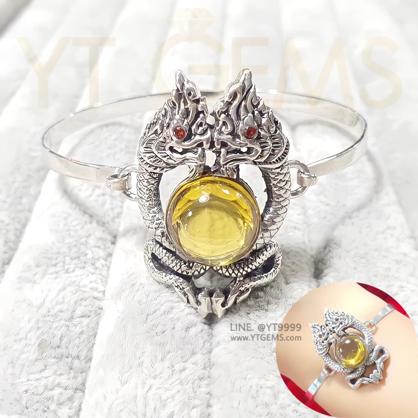 กำไลพญานาคคู่ นาคเกี้ยว โอบมณีสีเหลือง บุษราคัม กำไลเงินแท้ รมดำ พลอย(CZ) YTG-11697 YTGEMS