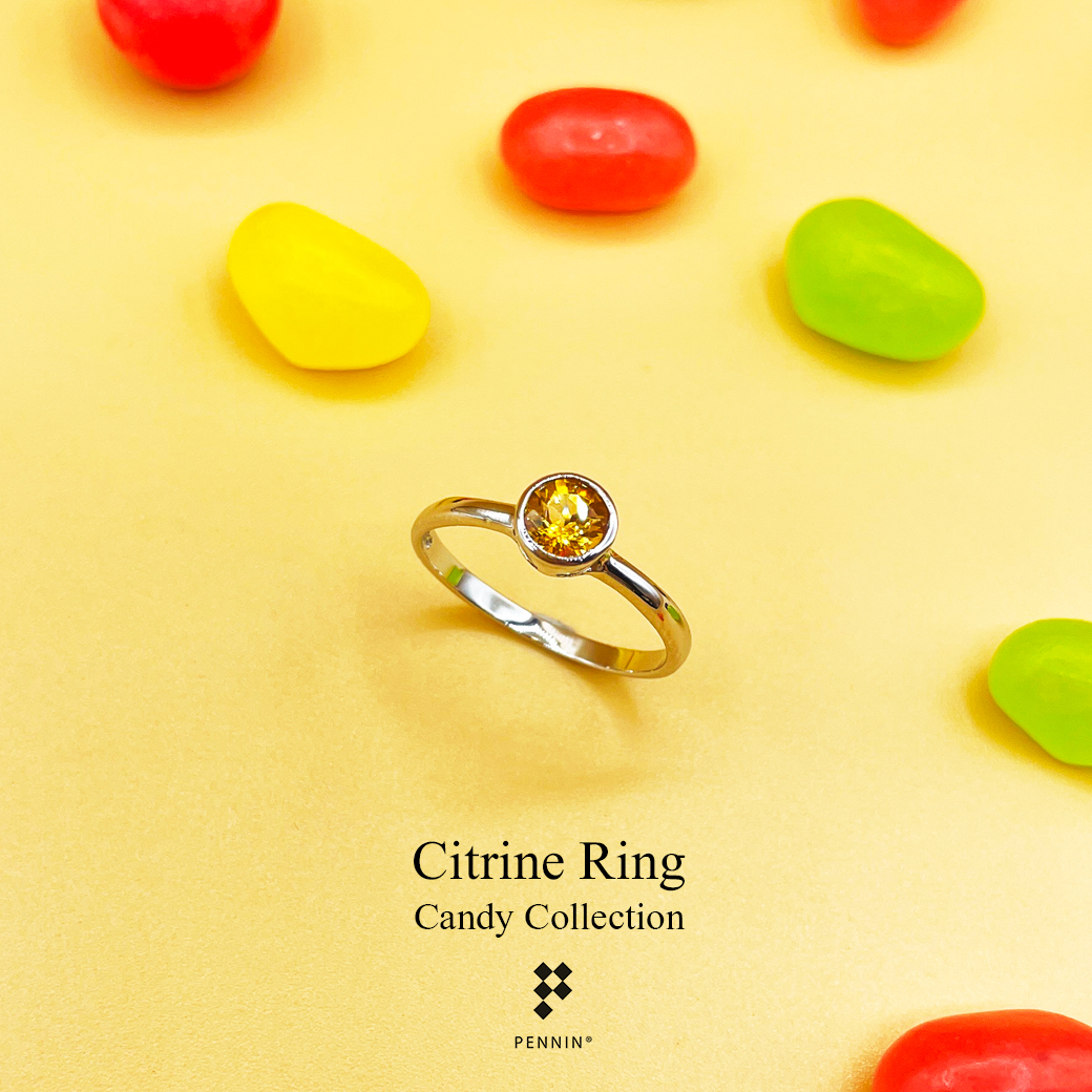 Candy Collection: แหวนซิทริน(Citrine) เม็ดเดี่ยว 5mm ฝังหุ้ม เงินแท้ 925 ชุบทองคำขาว
