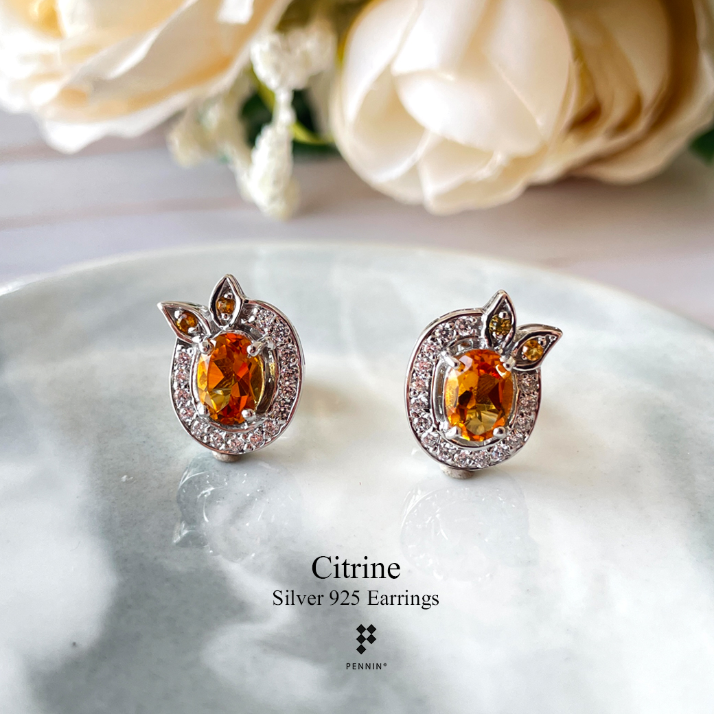 ต่างหูซิทริน Citrine 7x5mm ผูกโบว์ ประดับพลอยซิทริน ล้อมเพชรสวิส CZ เกรด TOP 6A เงินแท้ชุบทองคำขาว แบบสวยน่ารัก