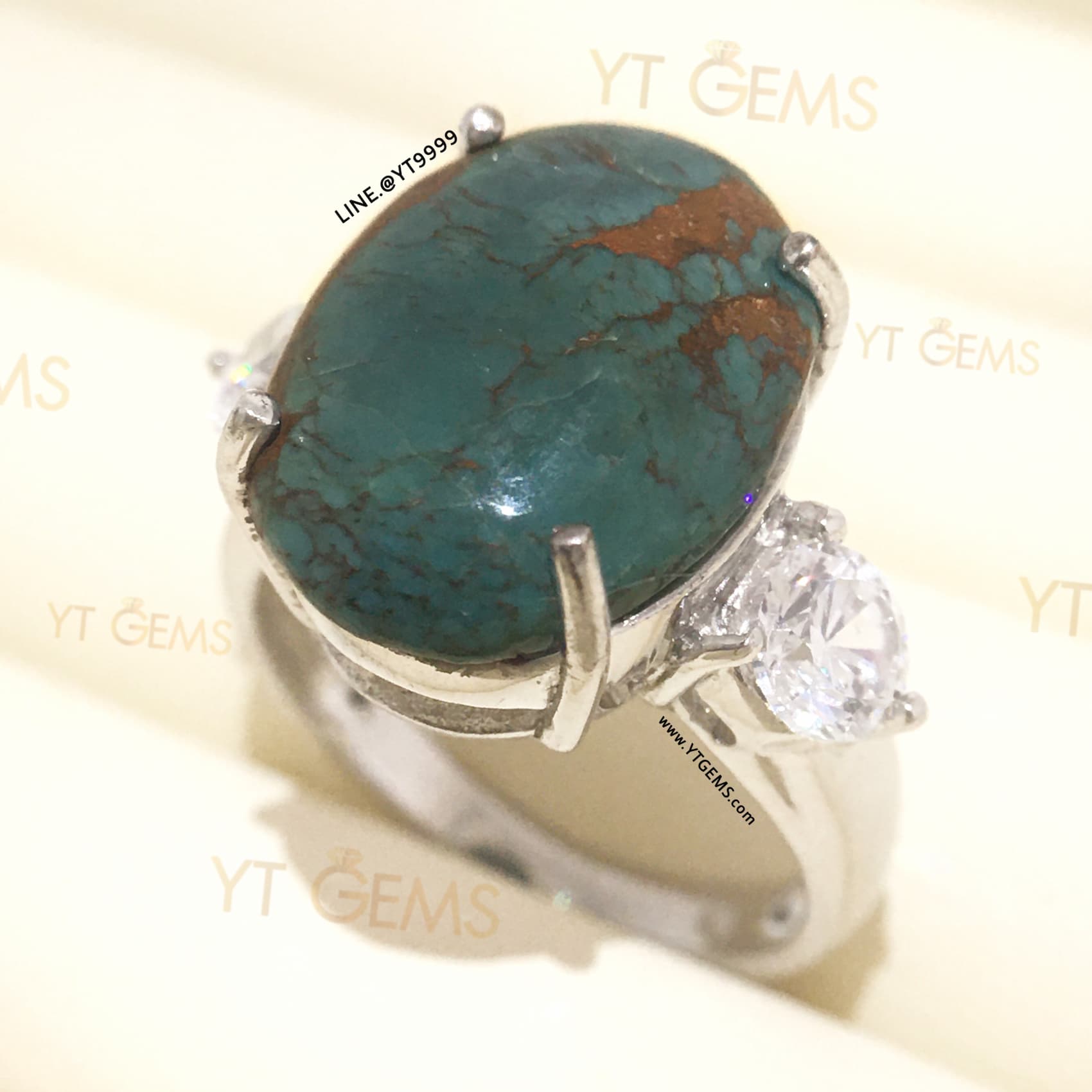แหวนเทอร์ควอยส์ ข้างเพชร แหวนเงินแท้ ชุบทองคำขาว เทอร์ควอยส์แท้ YTG-11657 YTGEMS