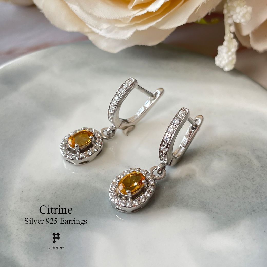 ต่างหูคลิปหางกระรอก เพชรแถวสวิส CZ ห้อยพลอยซิทริน Citrine 6x4mm ล้อมเพชรสวิส CZ เงินแท้ชุบทองคำขาว แบบสวยหรู