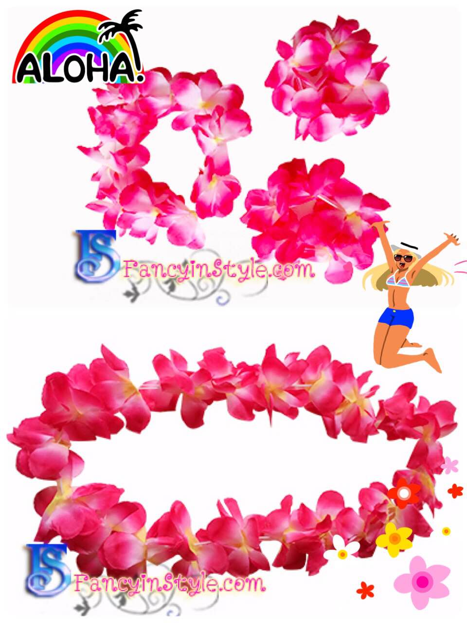 Hawaiian Costume Set/เซ็ทพวงมาลัยดอกไม้ 4 ชิ้นสีชมพูเข้ม