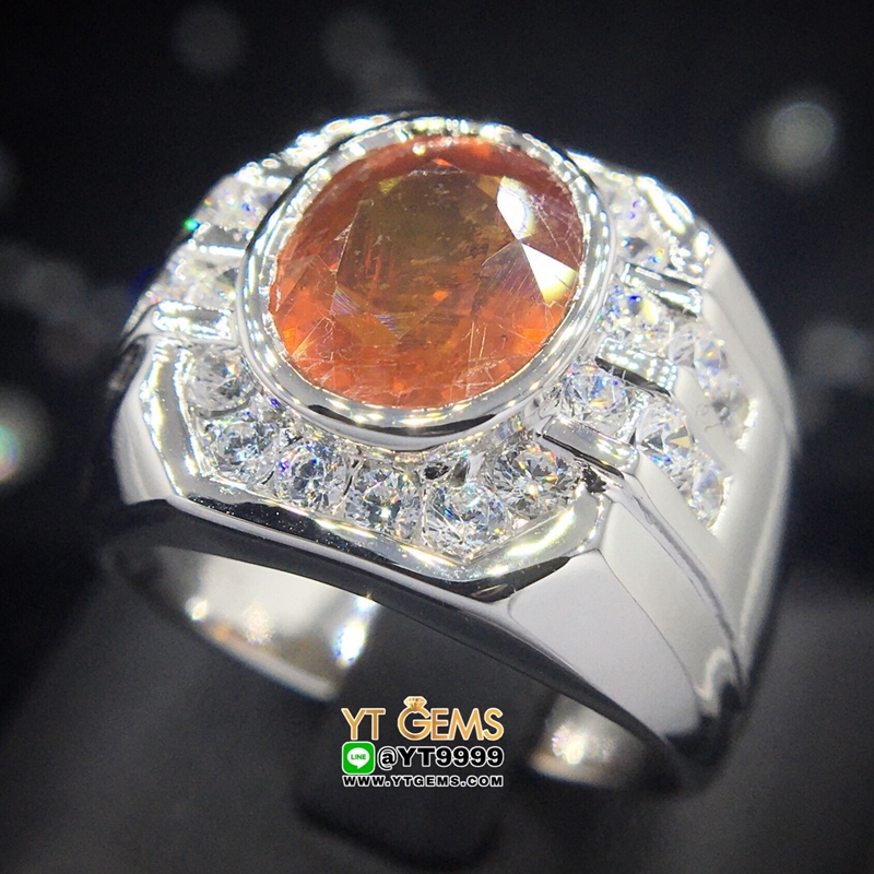 แหวนบุษราคัม สีน้ำโขง แหวนล้อมเพชร แหวนเงินแท้ 92.5% ชุบทองคำขาว ประดับ พลอยบุษราคัมแท้ ตกแต่ง เพชรSwiss YTG-9799 YTGEMS