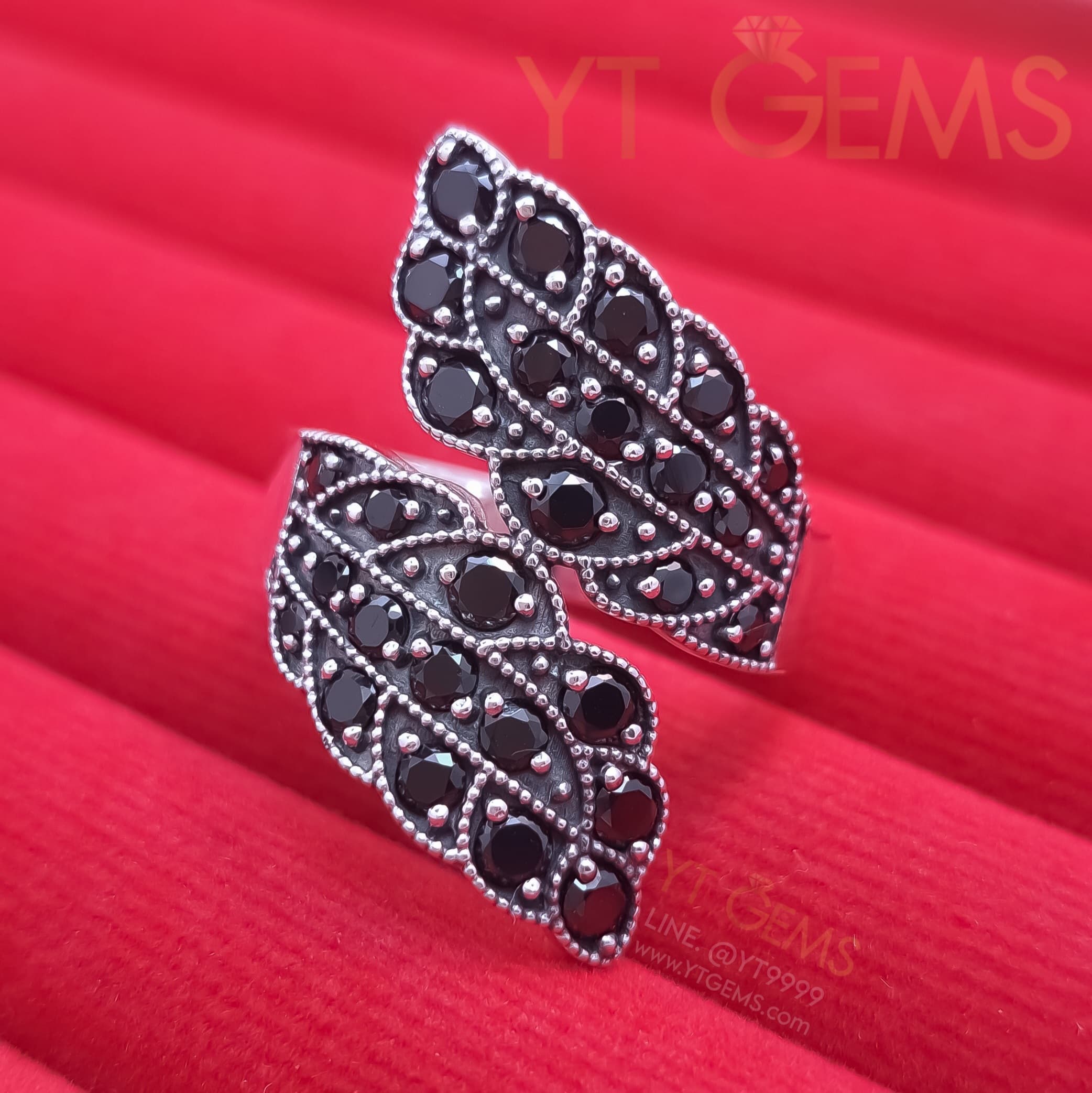 [สำหรับ ราคาส่ง ขั้นต่ำ 5 ชิ้น] แหวนใบมะกอก แหวน เงินแท้ รมดำ พลอย นิล cz YTG-10032-WH YTGEMS 5 ชิ้น