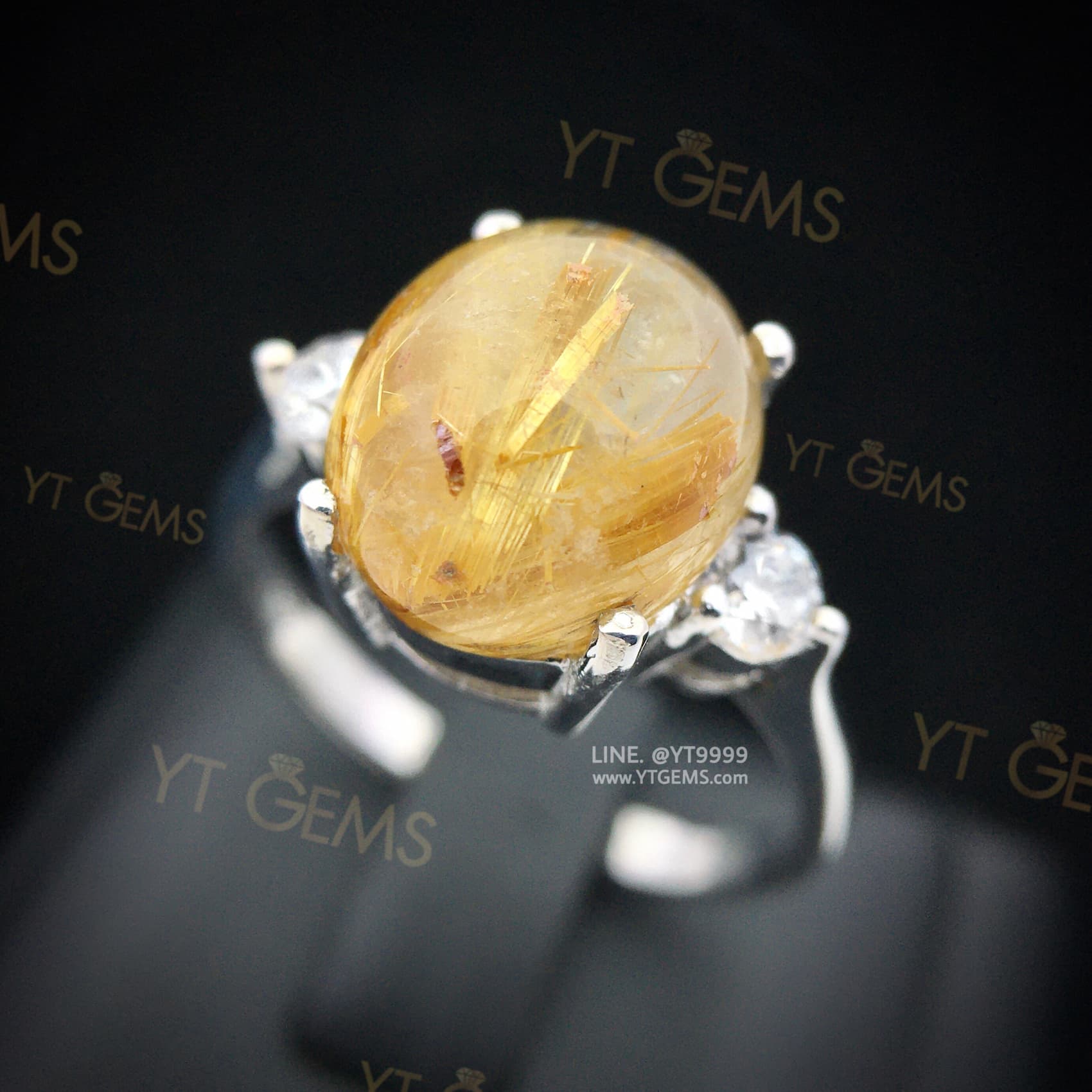 แหวนแก้วไหมทอง ข้างเพชร แหวนเงินแท้ ชุบทองคำขาว แก้วไหมทองแท้ YTG-11671 YTGEMS