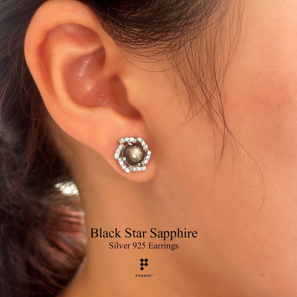 ต่างหูกังหันเอียง สตาร์ แซฟไฟร์ บางกะจะ จันทบุรี BlackStar Sapphire ล้อมด้วยเพชร CZ เกรด TOP 6A เงินแท้ชุบทองคำขาว ดีไซน์สวยหรูคลาสสิก