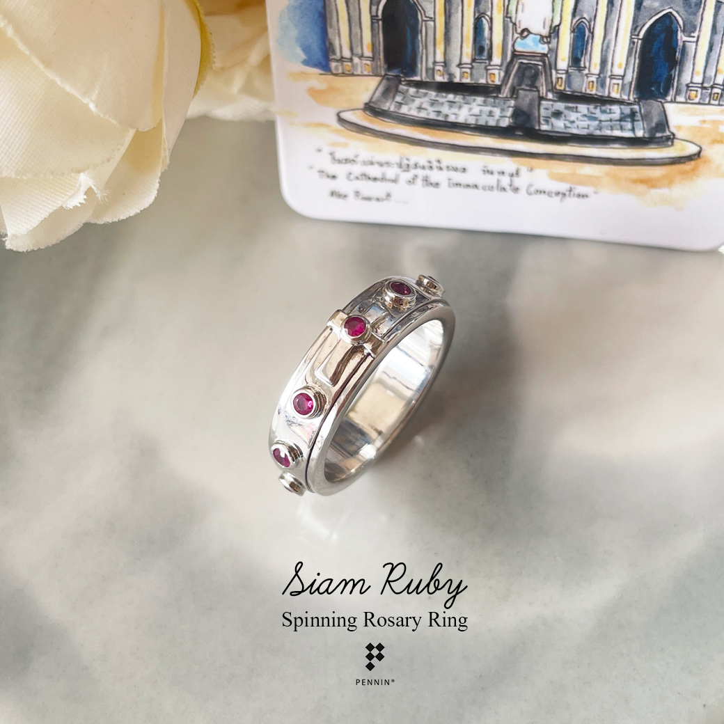 แหวนประคำ แหวนสวดภาวนาคริสต์ หมุนได้ พลอยทับทิมสยาม 2mm เงินแท้ Siam Ruby: Spinning Rosary Ring