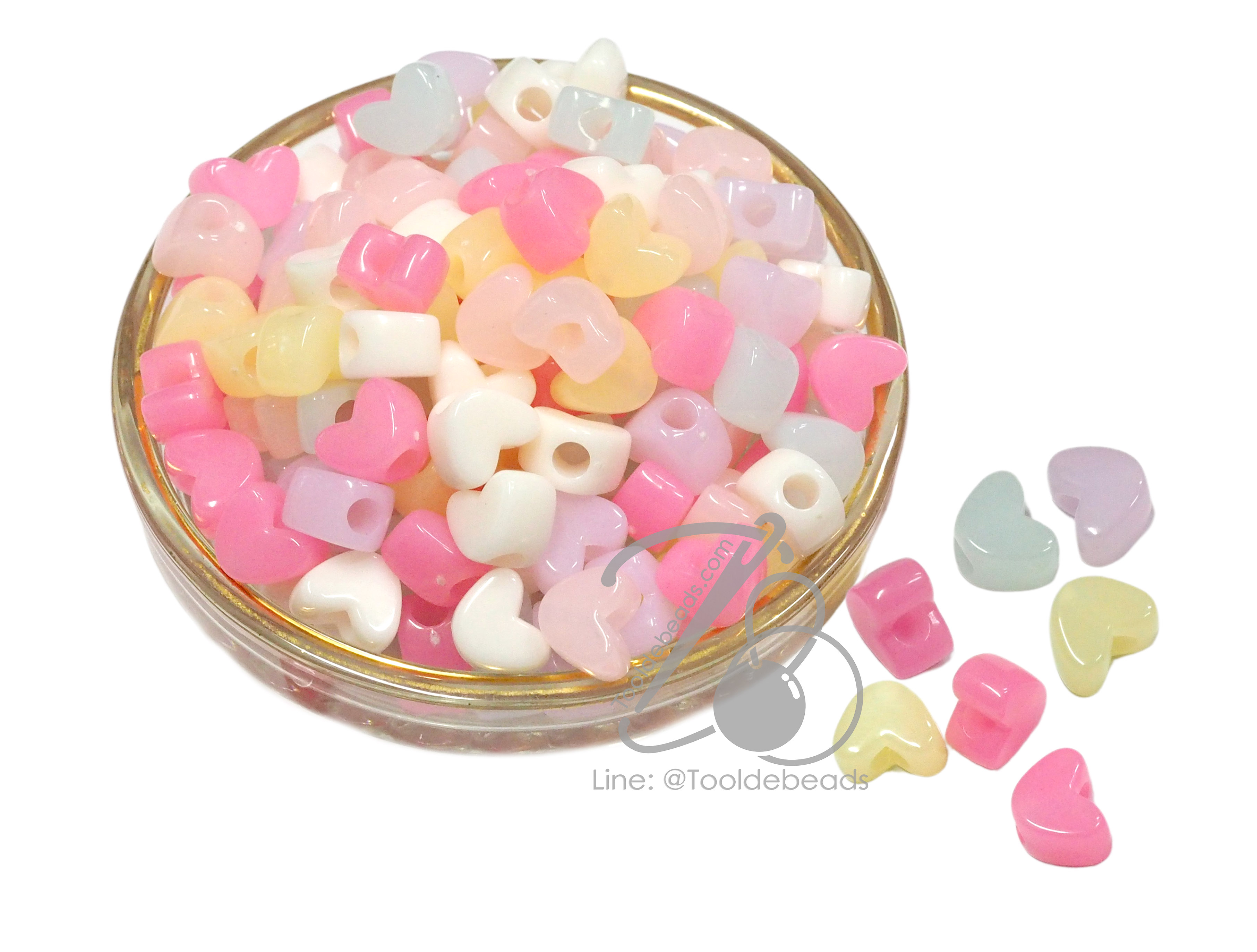 ลูกปัดอะคริลิค 11*9มม. ลายหัวใจรูกว้าง คละสีเยลลี่หวาน (10 กรัม) SKU-15015