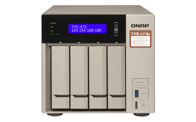 TVS-473e A powerful business NAS with an AMD RX-421BD quad-core APU, up to 64GB DDR4 RAM, and supports dual PCIe slots, USB QuickAccess and HDMI 4K output.