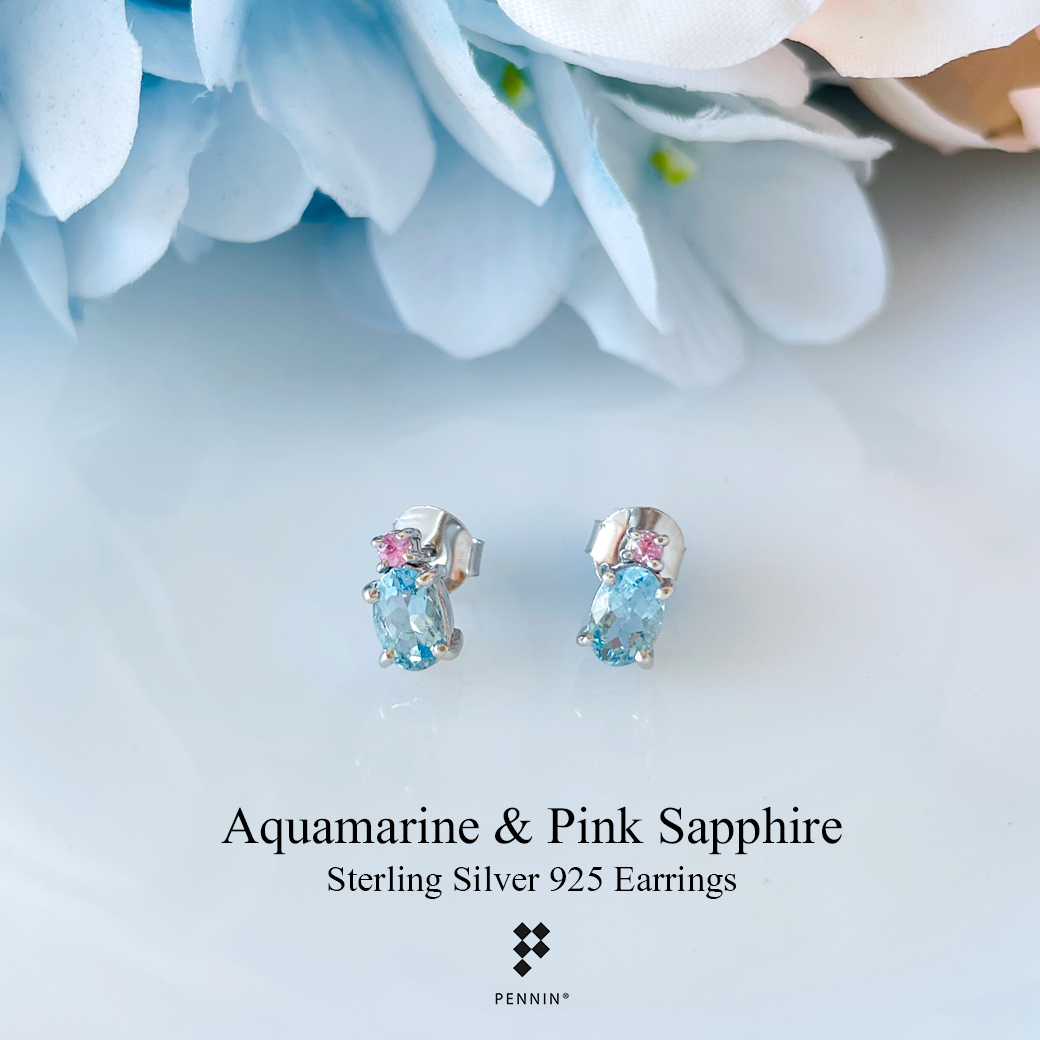 ต่างหู อควอมารีน (Aquamarine) แซมทับทิมสีชมพู เงินชุบทองคำขาว โทนสีพาสเทล ฟ้าชมพู อ่อนหวาน สงบ สบายตา ทองคำขาว