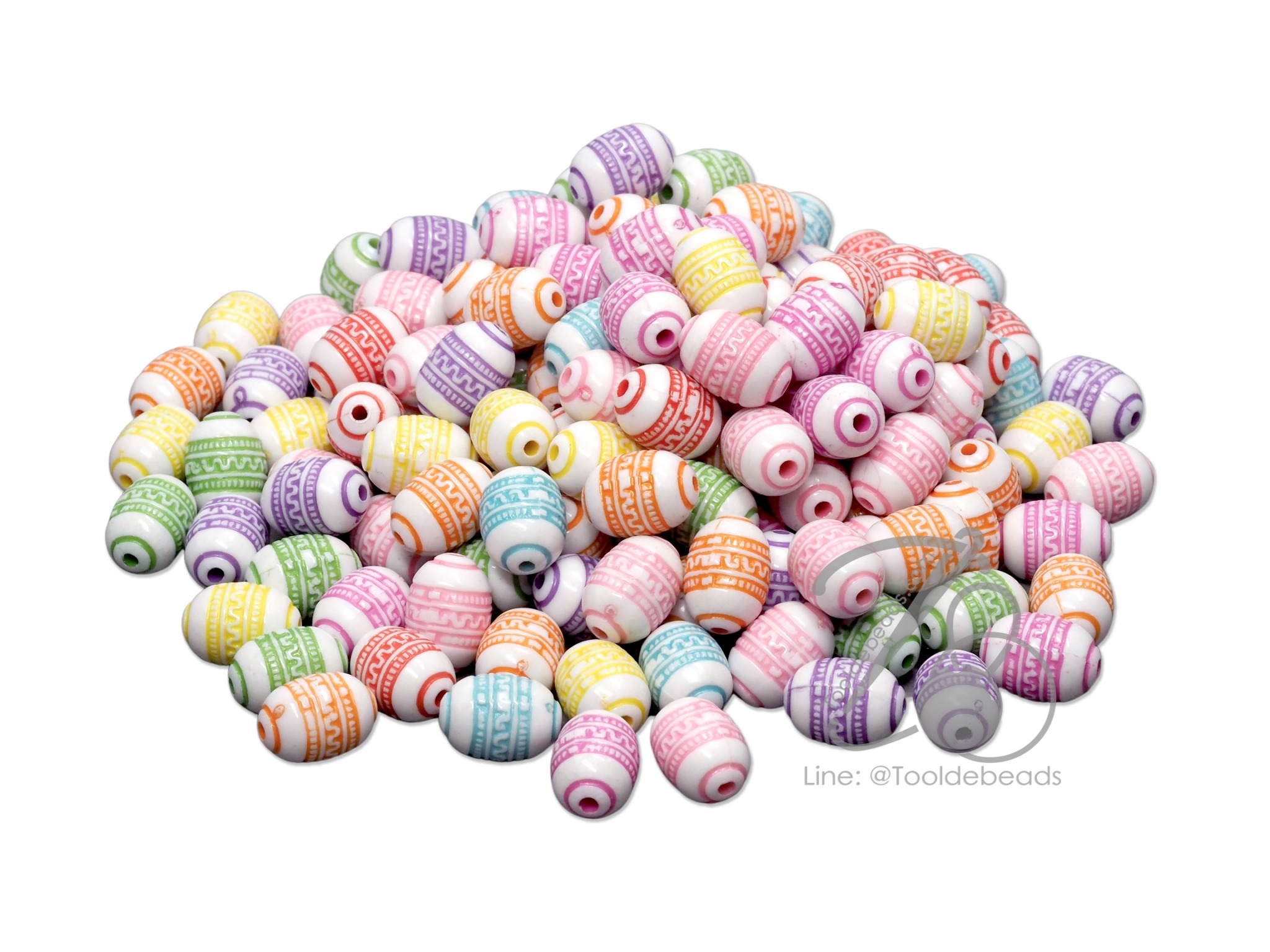 ลูกปัดอะคริลิค 9*12มม. ลายรีอ้วน พื้นขาว เพ้นท์สี (15 กรัม) SKU-10992