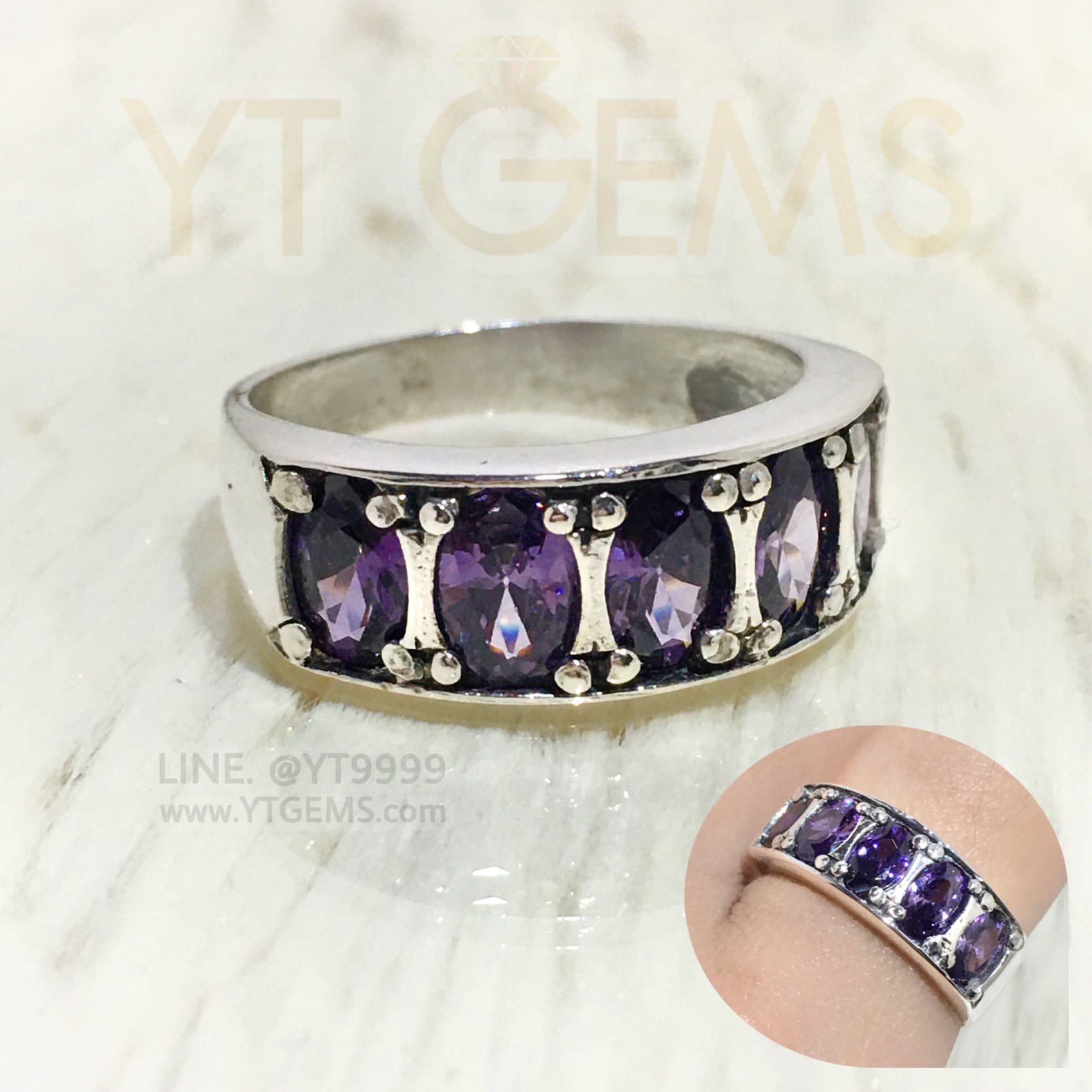 แหวนแถว อเมทิสต์ แหวนเงินแท้ รมดำ พลอยอเมทิสต์ (CZ) YTG-11295 YTGEMS