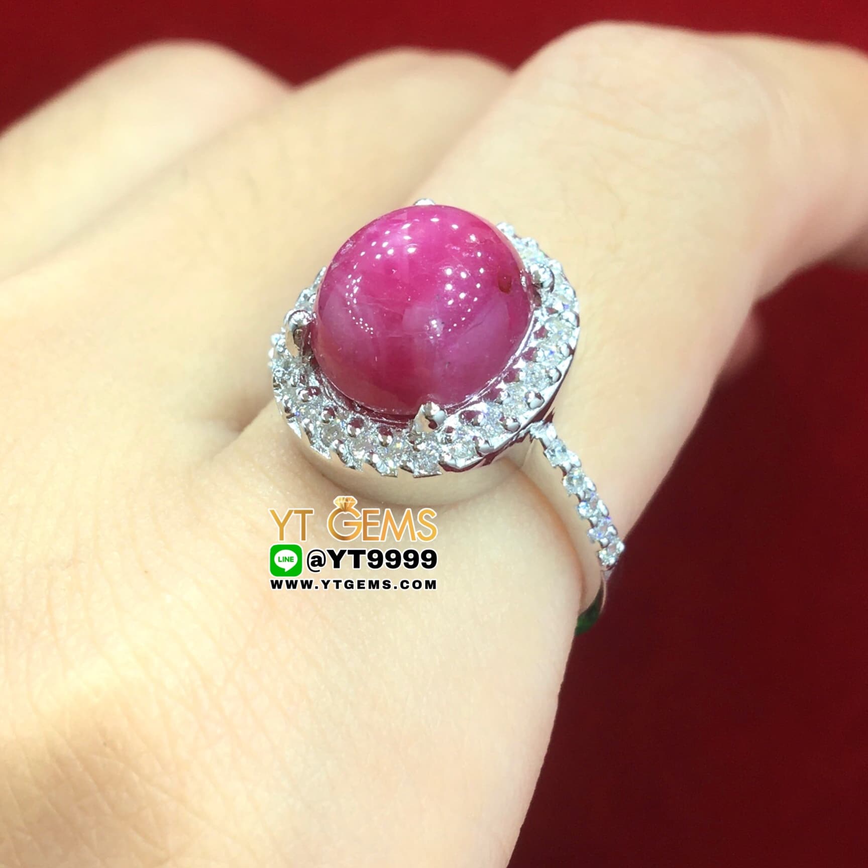 แหวนทับทิมกินบ่เซี่ยง ทับทิมสตาร์ ล้อมเพชรSwiss แหวนเงินแท้ 92.5% ชุบทองคำขาว พลอยทับทิมกินบ่เซี่ยงแท้ (เหลือบสตาร์เล็กน้อย) หน้าแหวน 1.5 ซม. YTG-7687 YTGEMS