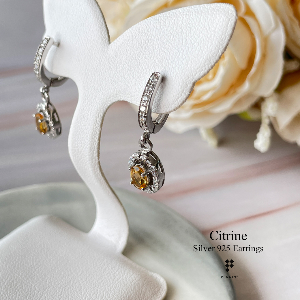 ต่างหูคลิปหางกระรอก เพชรแถวสวิส CZ ห้อยพลอยซิทริน Citrine 6x4mm ล้อมเพชรสวิส CZ เงินแท้ชุบทองคำขาว แบบสวยหรู