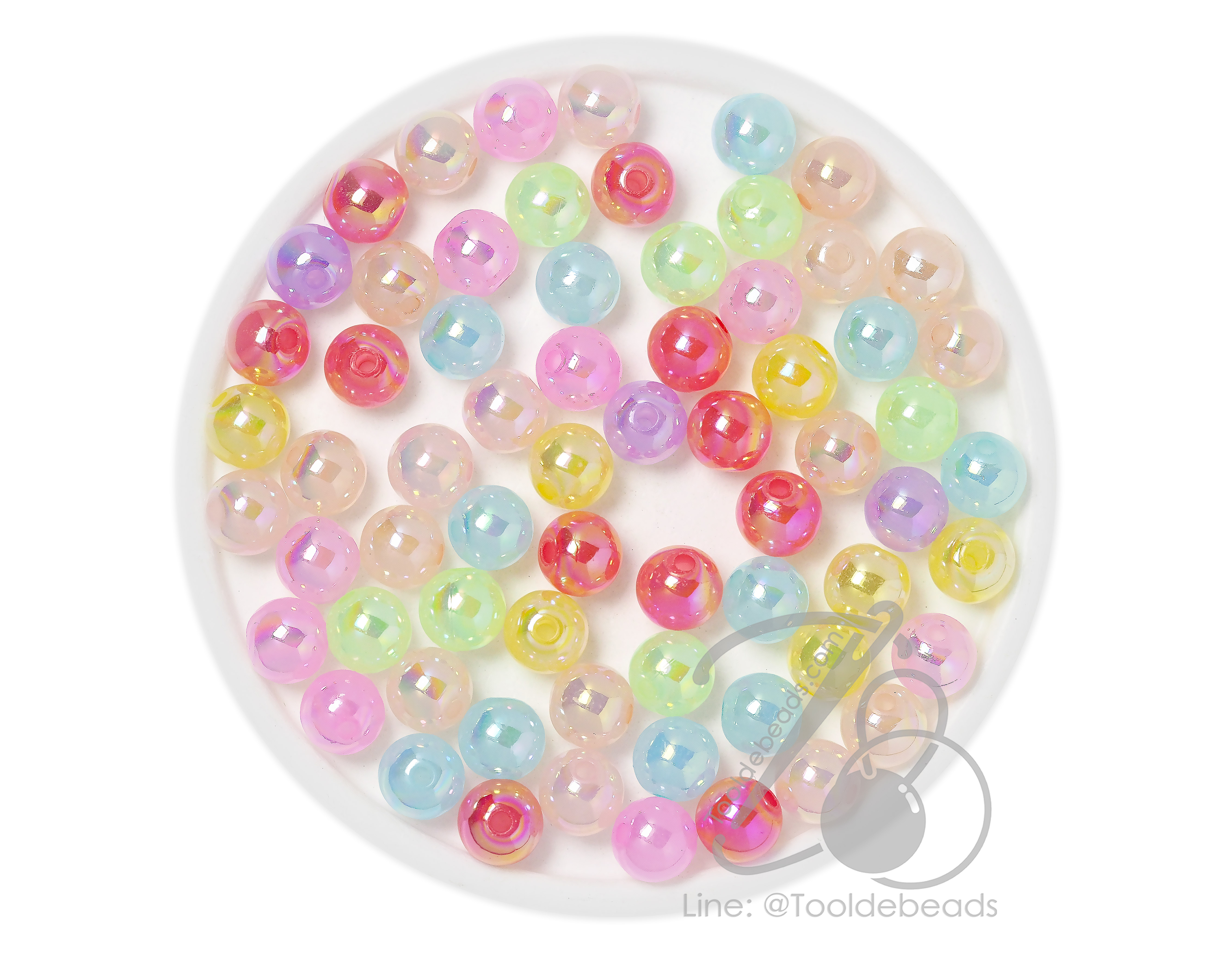 ลูกปัดพลาสติก เคลือบรุ้ง 10มม. ทรงกลม คละสีเยลลี่หวาน (80 กรัม) SKU-17480