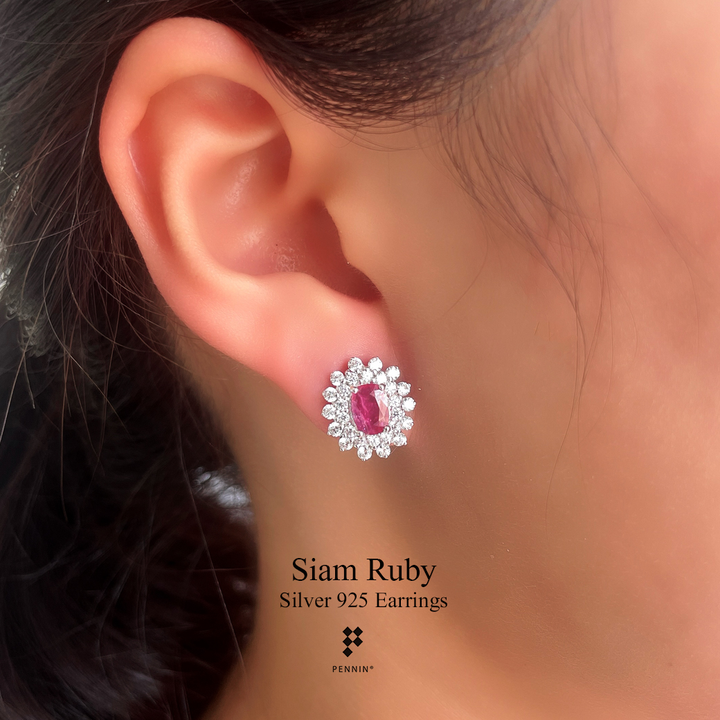 ต่างหูทับทิมจันท์เผาเก่า ล้อมเพชรสวิส CZ เกรด TOP 6A เงินแท้ชุบทองคำขาว ดีไซน์สวยหรูคลาสสิก