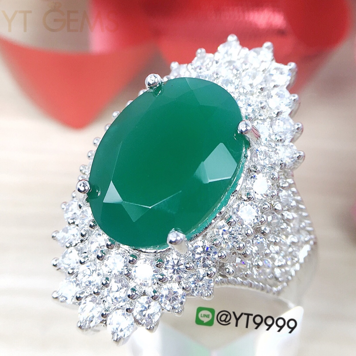 แหวนกรีนอาเกต แหวนเงินแท้ ชุบทองคำขาว พลอยกรีนอาเกตแท้ YTG-8428 YTGEMS
