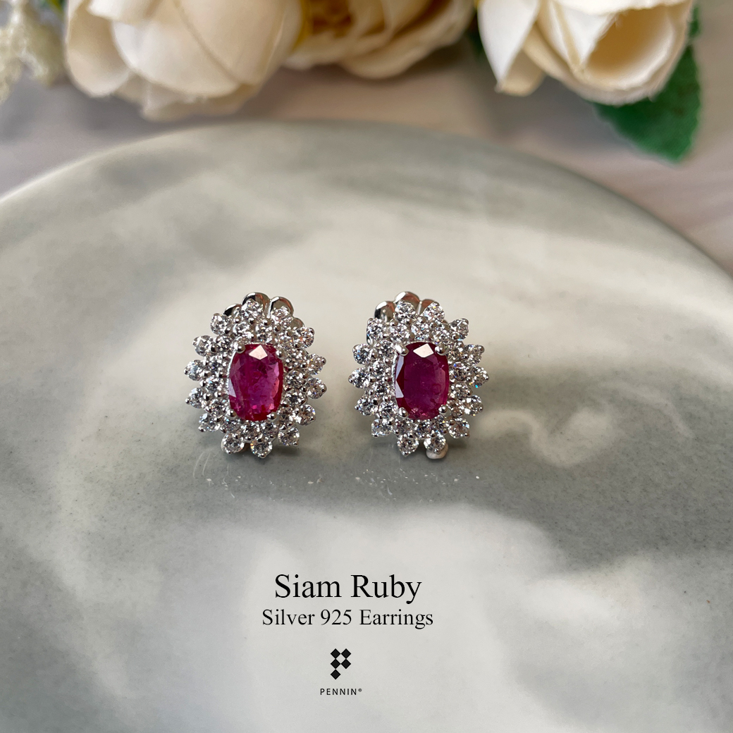 ต่างหูทับทิมจันท์เผาเก่า ล้อมเพชรสวิส CZ เกรด TOP 6A เงินแท้ชุบทองคำขาว ดีไซน์สวยหรูคลาสสิก