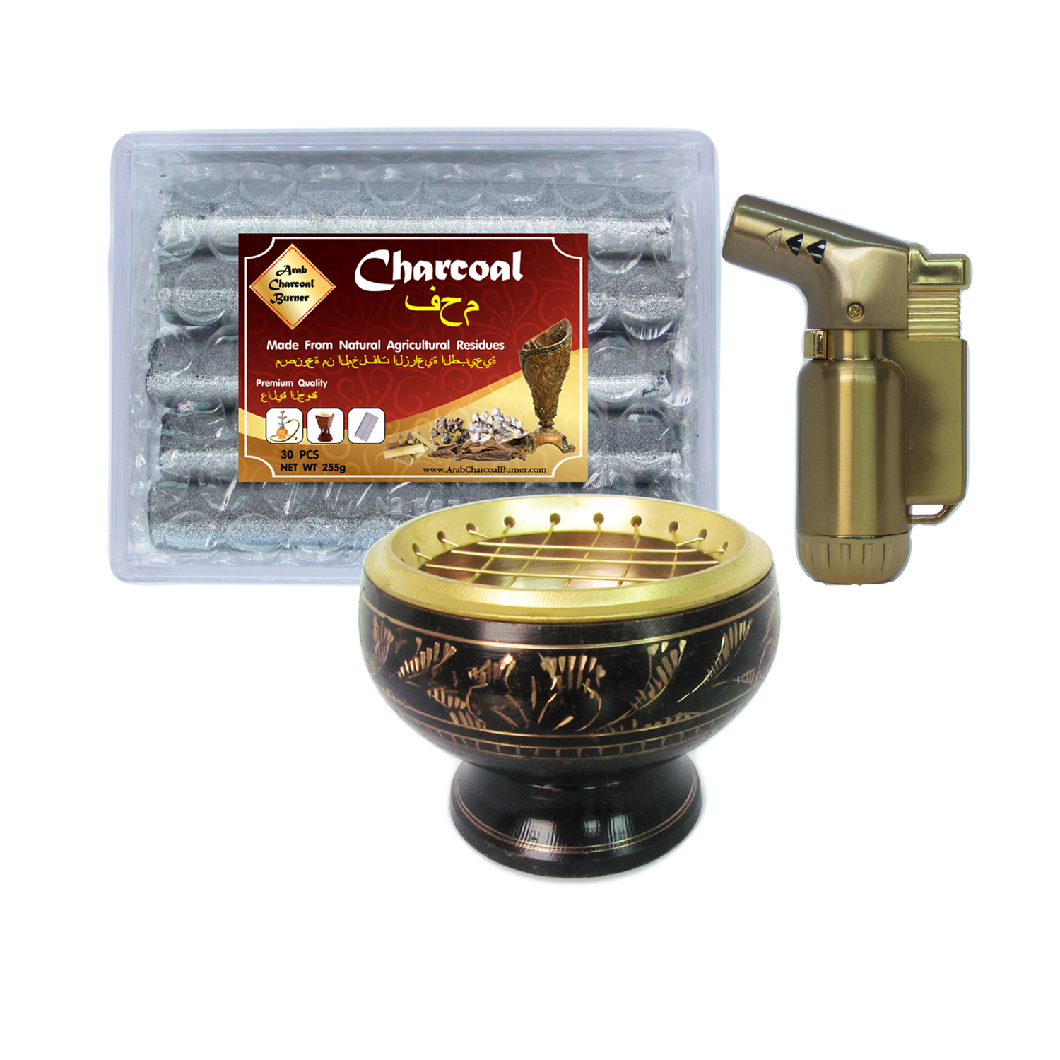 เตาเผาไม้หอม สีดำ ทอง กระถางธูป + ถ่าน ถ่านเผา ถ่านไม้ ถ่านพิเศษ ชาโคล สำหรับจุดไฟเผา 1 กล่อง + ไฟแช็คไอพ่น ไฟฟู่ หัวพ่น คุณภาพสูง 1 ชิ้น