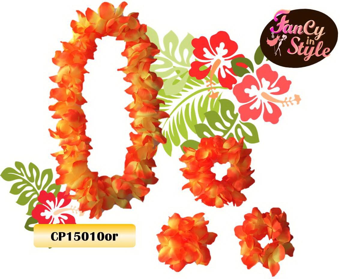 Hawaiian Costume Set/ เซ็ทพวงมาลัยดอกไม้ 4 ชิ้นสีส้ม