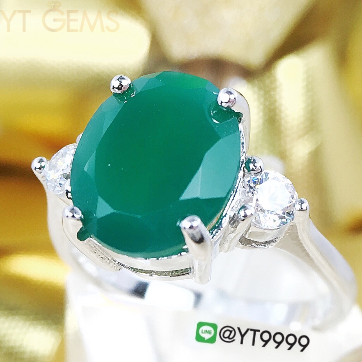 แหวนกรีนอาเกต แหวนเงินแท้ ชุบทองคำขาว พลอยกรีนอาเกตแท้ YTG-8427 YTGEMS
