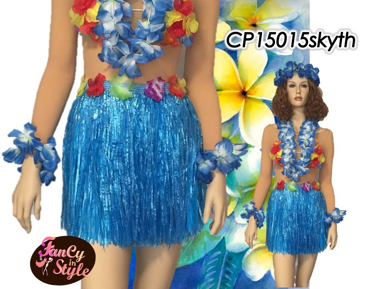 กระโปรงฮาวายแบบสั้นอย่างหนา ยาว 14 นิ้วสีฟ้ารวม set มาลัยดอกไม้ 4 ชิ้น/Short Hawaii Skirt Costume with flower set