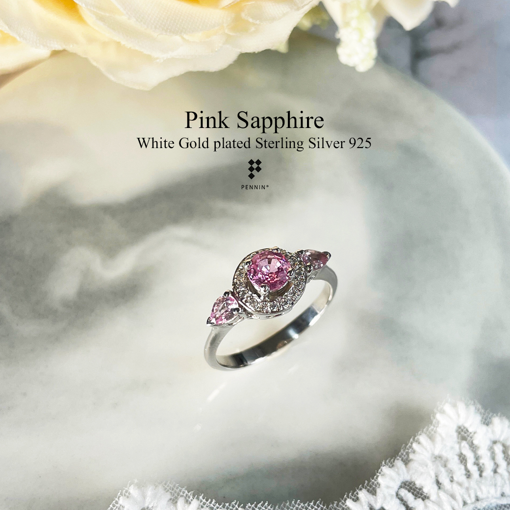 ESTELLE : แหวนแซฟไฟร์สีชมพู Pink Sapphire กลม หยดน้ำ ล้อมด้วยเพชรสวิส CZ สวยหวานน่ารัก