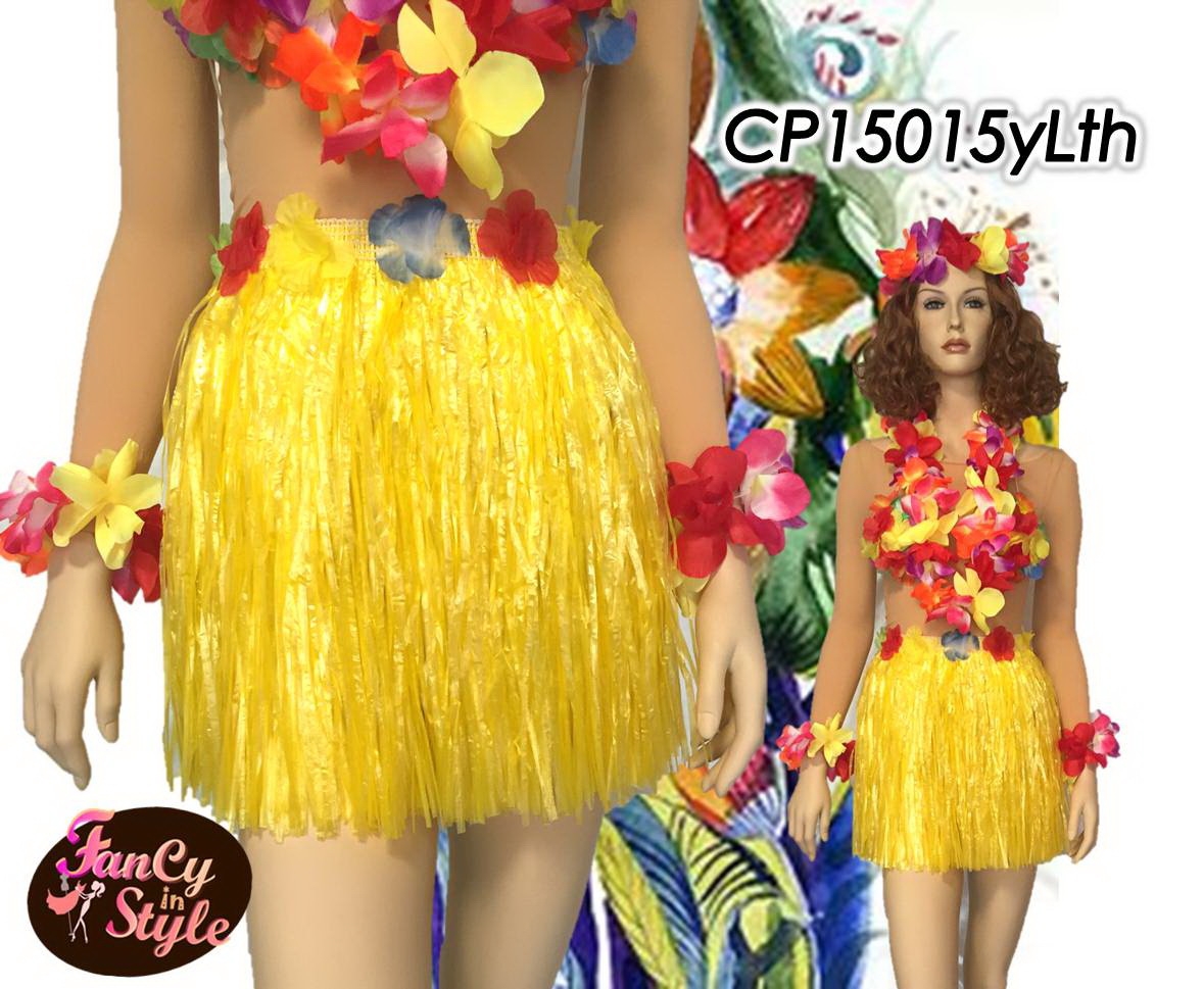 กระโปรงฮาวายแบบสั้นอย่างหนา ยาว 14 นิ้ว สีเหลืองรวม set มาลัยดอกไม้ 4 ชิ้น/Short Hawaii Skirt costume